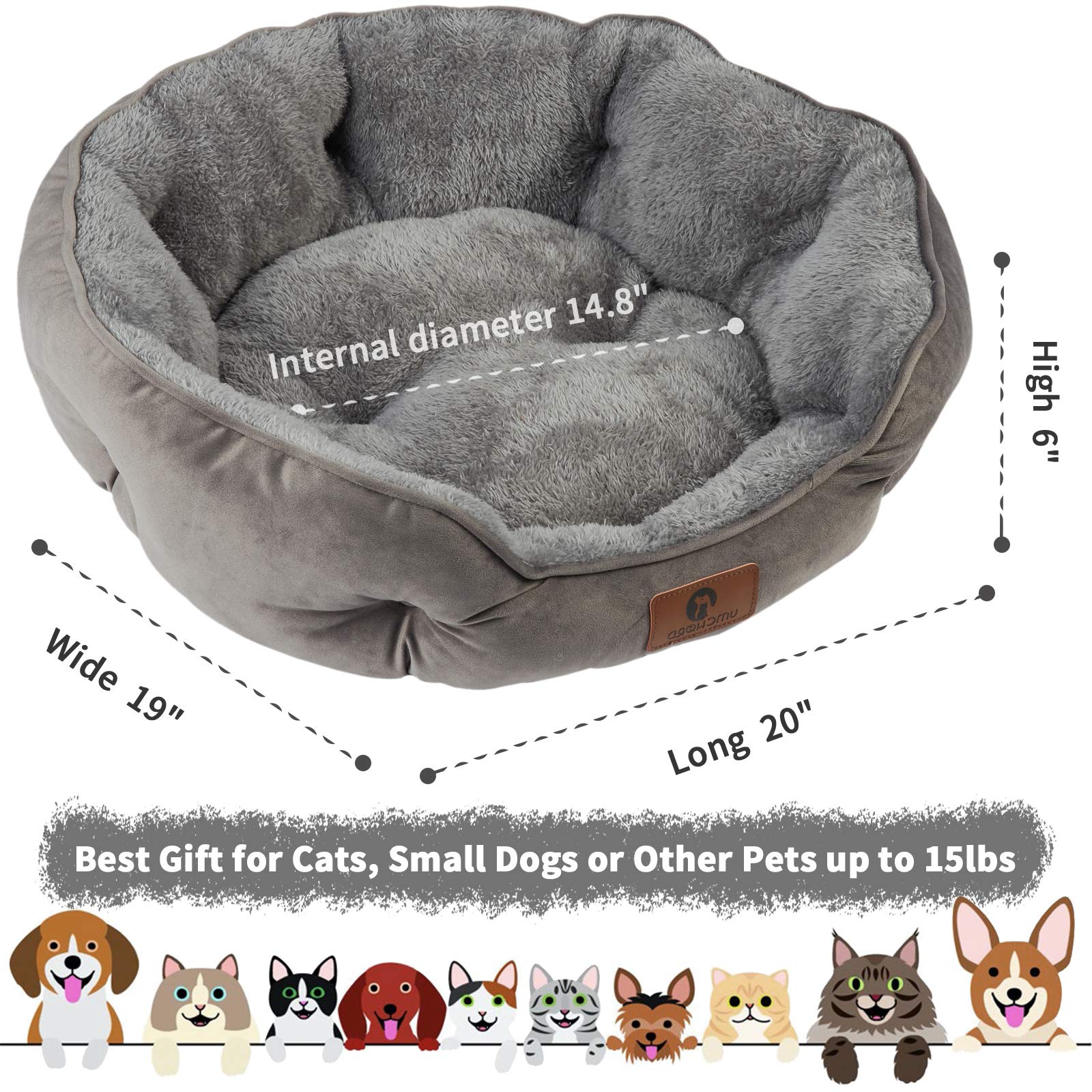 Asvin Small Dog Bed for Small Dogs, Cat Beds for Indoor Cats, Pet Bed for Puppy and Kitty, Extra Soft & Machine Washable with Anti-Slip & Water-Resistant Oxford Bottom, Grey, 20 inches