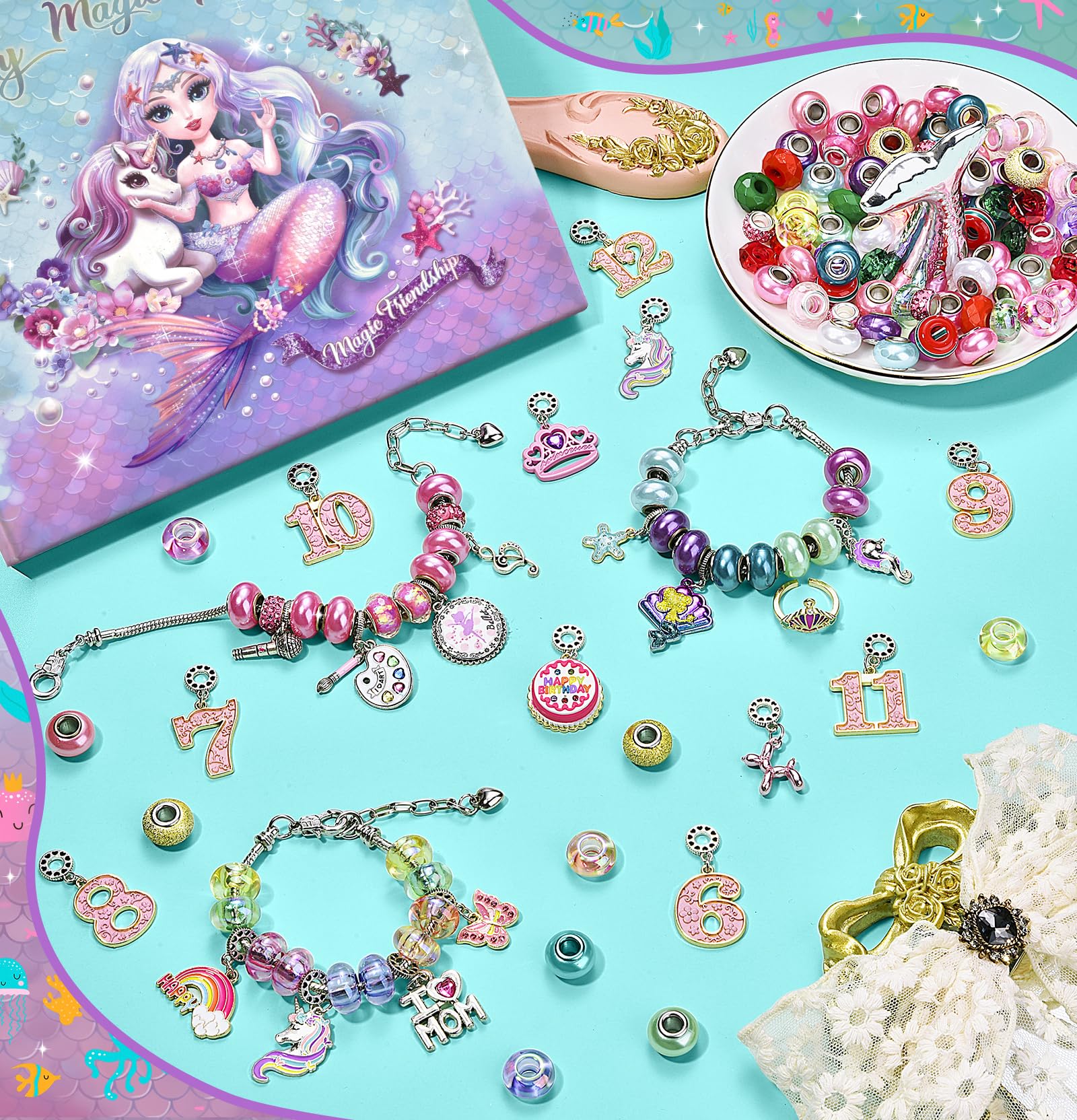 Charm Bracelet Making Kit & Unicorn/Mermaid Girl Toy- ideal Crafts for Ages 8-12 Girls who Inspire Imagination and Create Magic with Art Set and Jewelry Making Kit