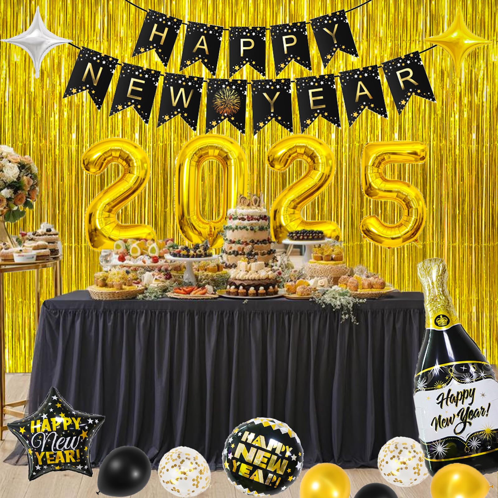 New Years Decorations 2025, New Years Eve Party Supplies 2025 - Happy New Year Decorations Kit 2025 Nye Decorations Decoracion de año nuevo 2025 Gold and Black Happy New Year Decor