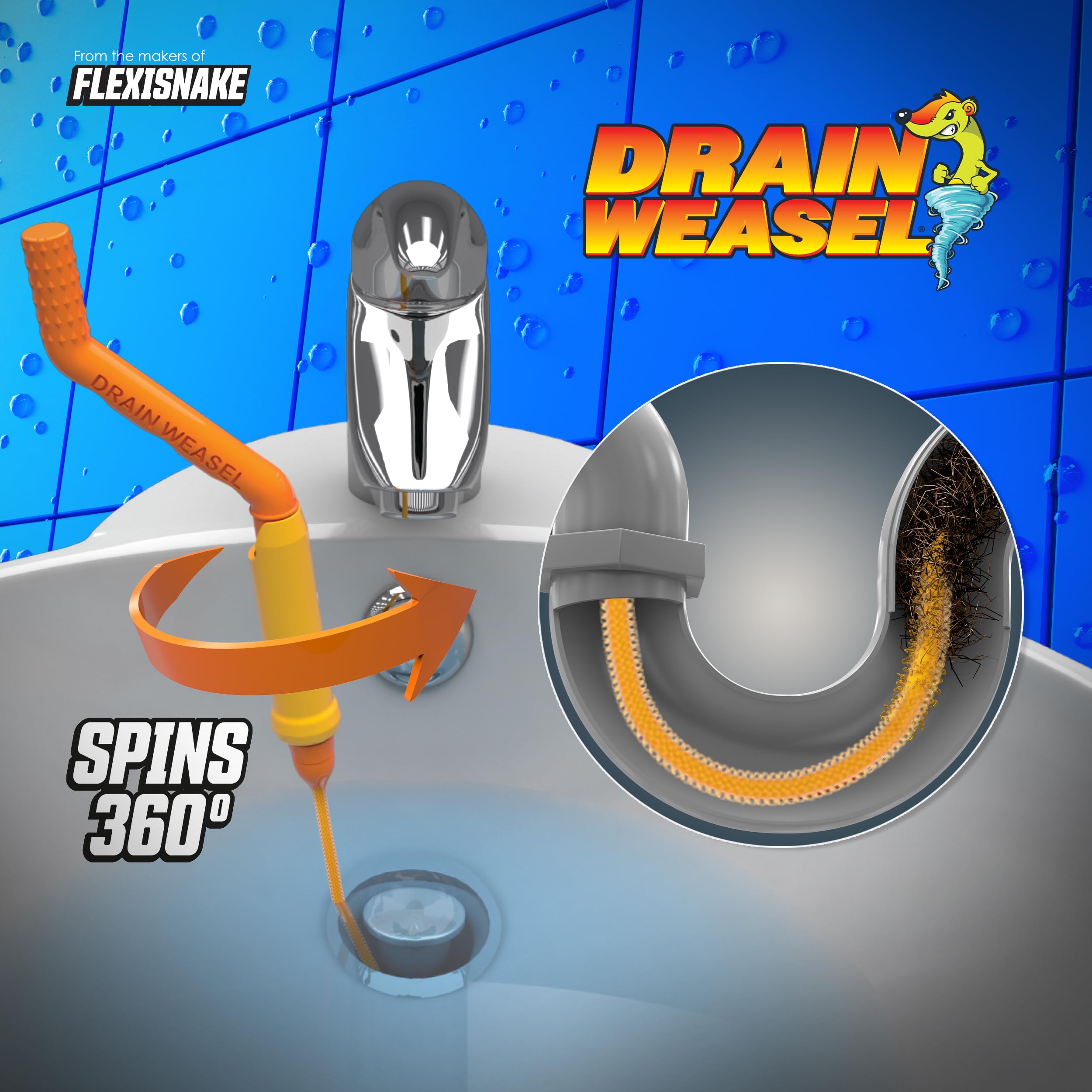 FlexiSnake Drain Weasel MAX Drain Hair Clog Remover Tool with Rotating Handle and 2 Wand Refills, Made in the USA, 20 inch