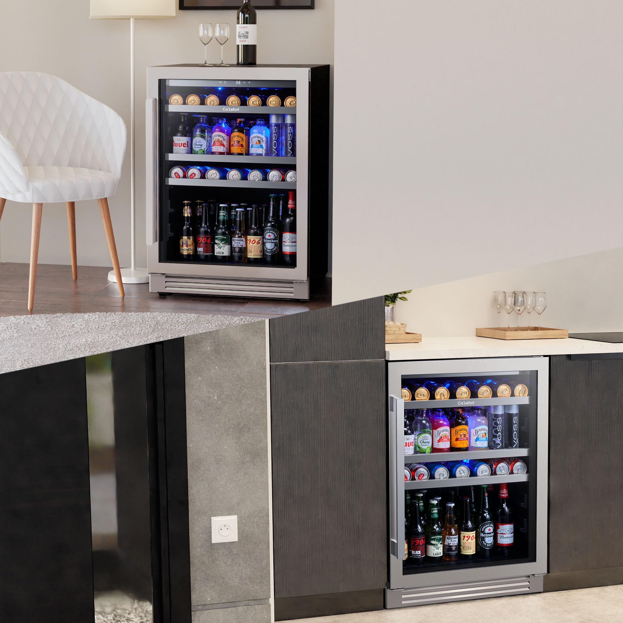 Ca'Lefort 24 Inch Beverage Refrigerator, 180 Can 34°F -54°F Beverage Fridge, Drink Fridge with Glass Door 3 LED Drink Fridge Built in or Freestanding, Perfect for Home/Kitchen(5.65 cu.ft)