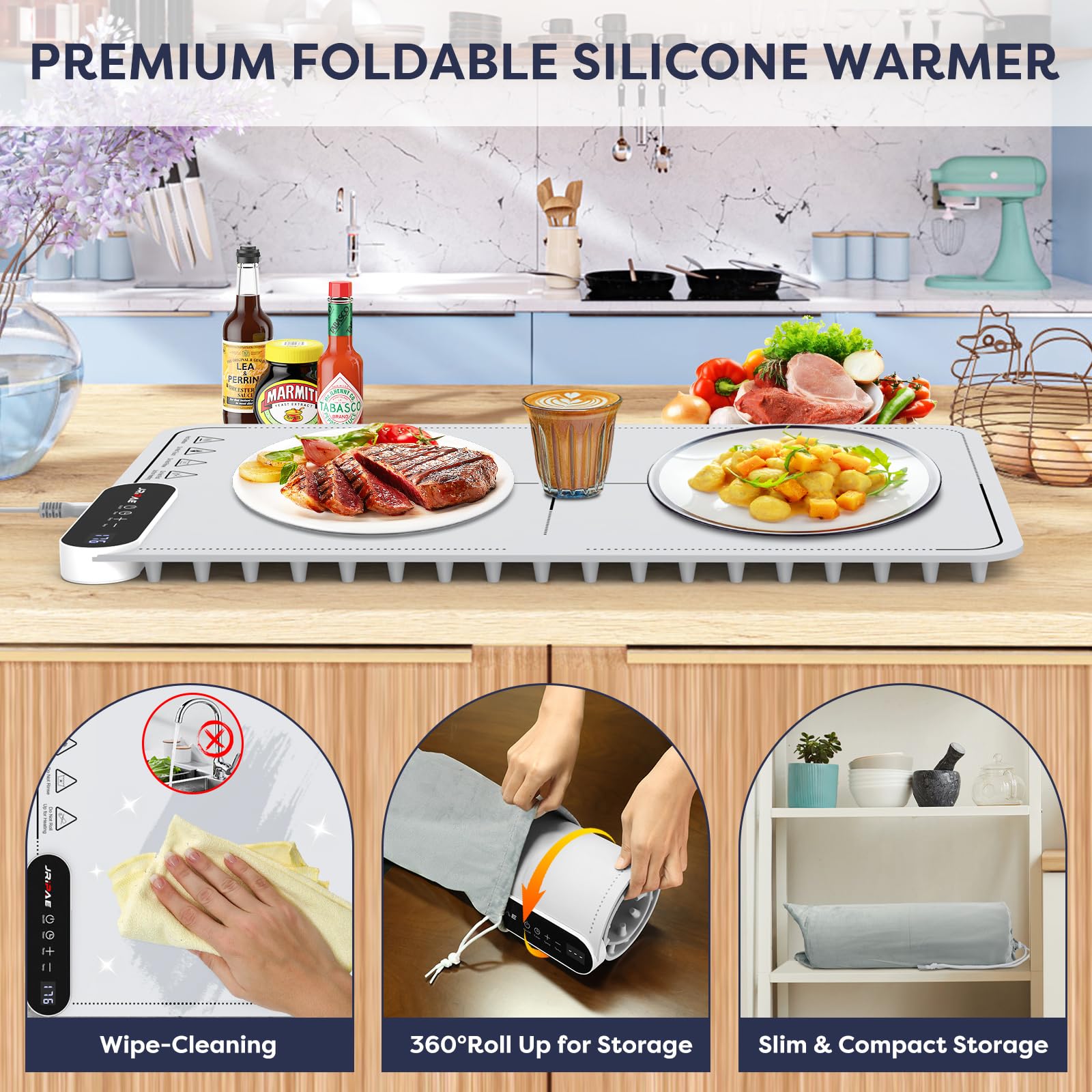 Food Warming Mat Upgraded 9 Level Temperature Electric Warmers for Food with 24 Hours Timer, Auto Shut-Off & Fast Heating, Portable Foldable Food Warmer for Buffet Parties, Gatherings, Warming Tray