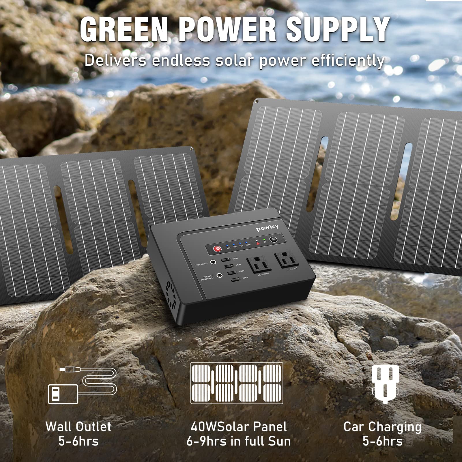 Powkey Solar Generator with Panel, 146Wh/200W Portable Power Station with Solar Panel 40W, 110V Pure Sine Wave DC/USB/AC Outlet Electric Generator Battery Backup for Outdoor Camping Emergency Home Use