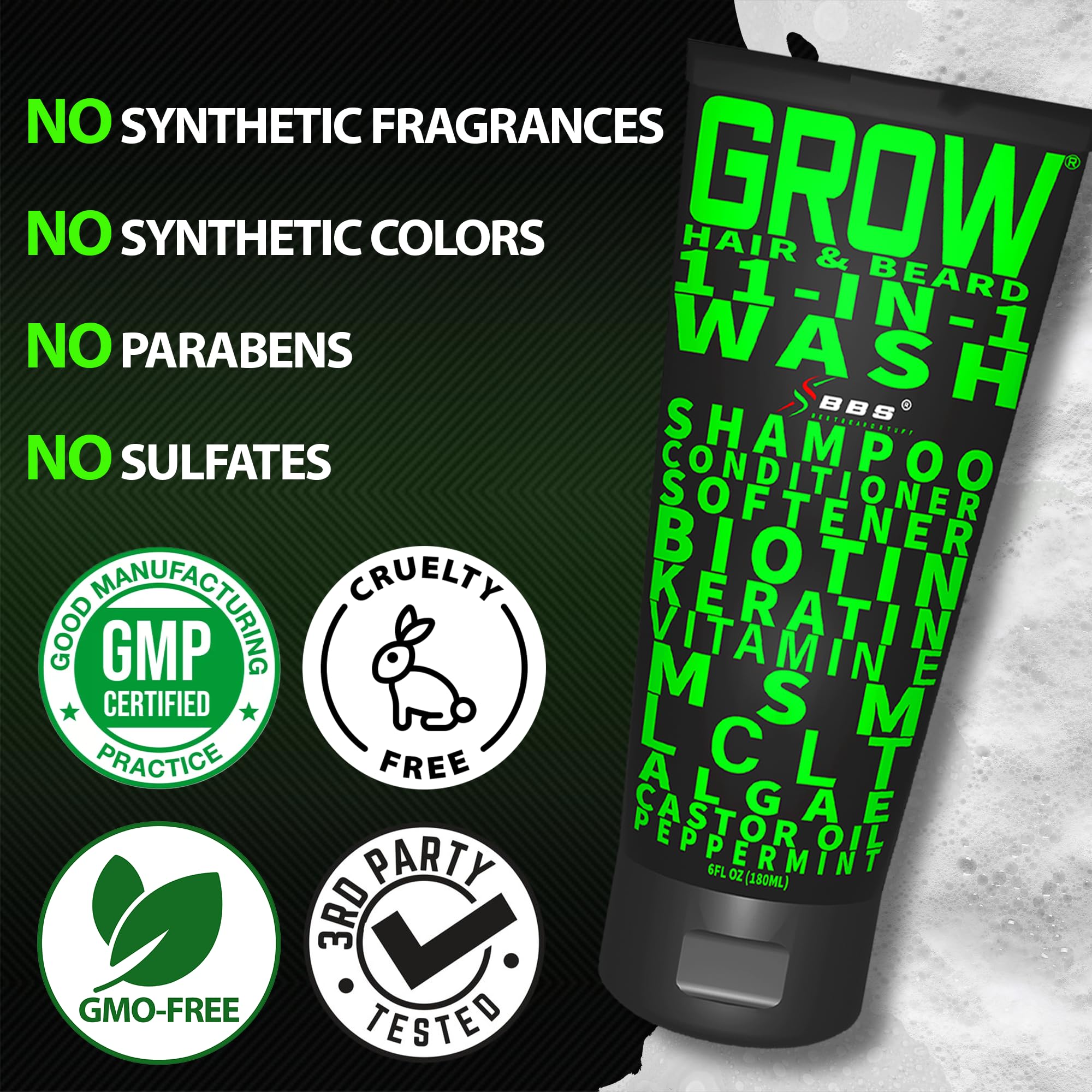 GROW Hair & Beard 11-in-1 Wash: Shampoo, Conditioner Softener, Biotin, Castor Oil, Peppermint Essential Oil, Vitamin E, MSM, Keratin, Algae, LCLT - Supports Healthy Growth - Vegan - BBS USA Product