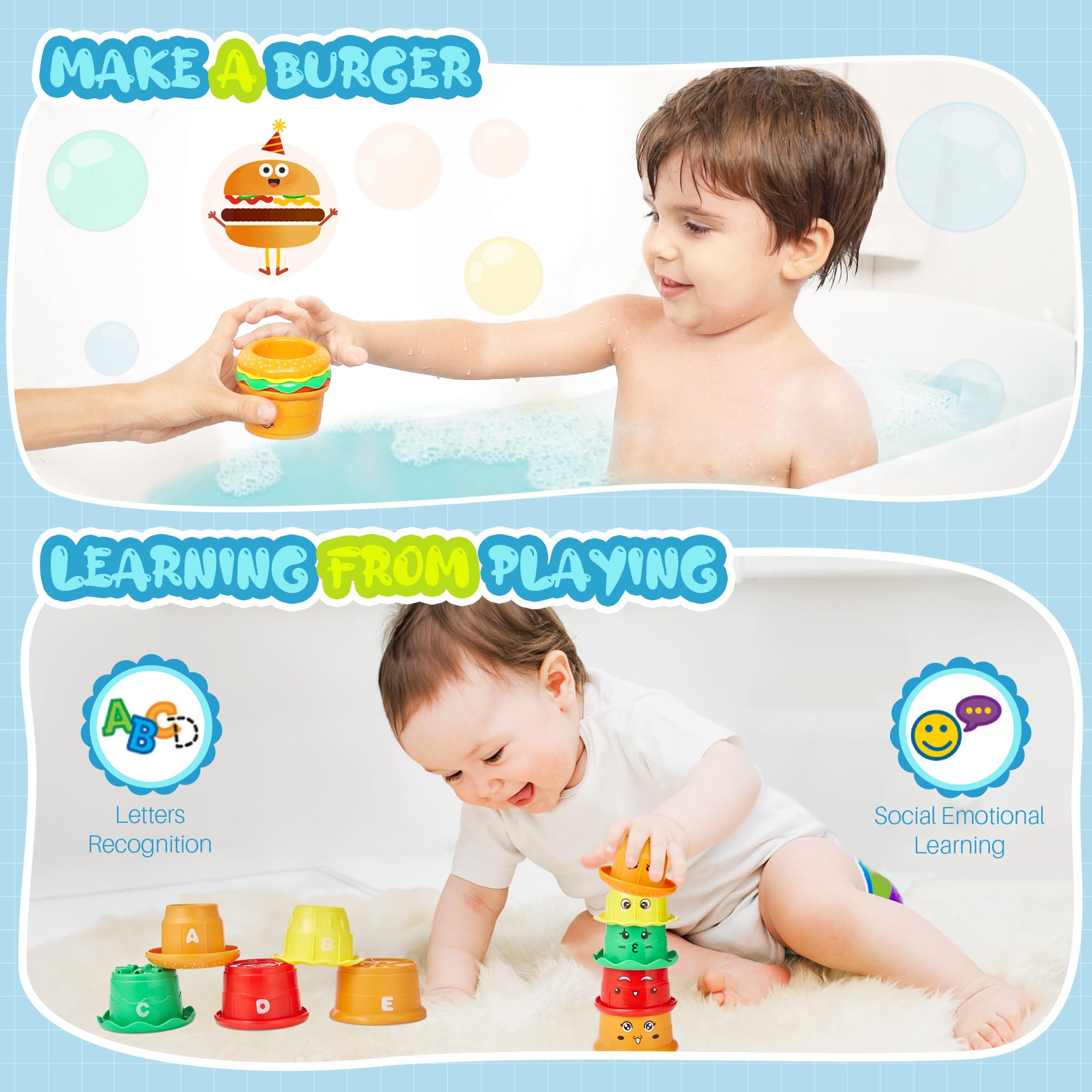 EKUEASYKU Bath Toys for Kids Ages 1-3 2-4 4-8 Hippo Toddler Bath Toys Water Toys with Burger Stacking Cups Swimming Duck Crab Bathtub Tub Toys Bath Time Emotion Letter Learning