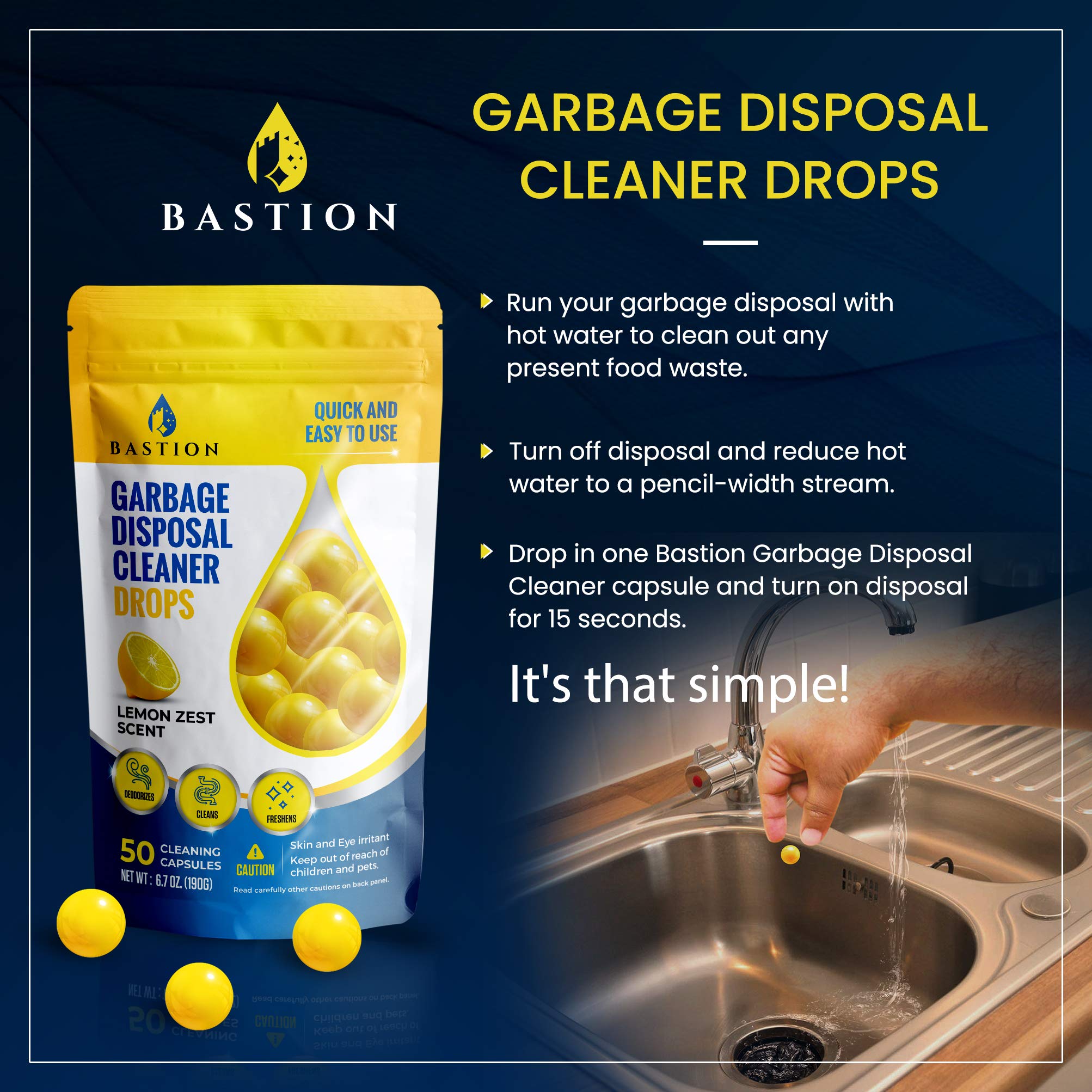 Garbage Disposal Cleaner and Deodorizer Drops- [[50-Count]] Lemon Zest Scented Kitchen Sink Freshener Pods & Drain Odor Eliminator Disposer Care Balls by Bastion