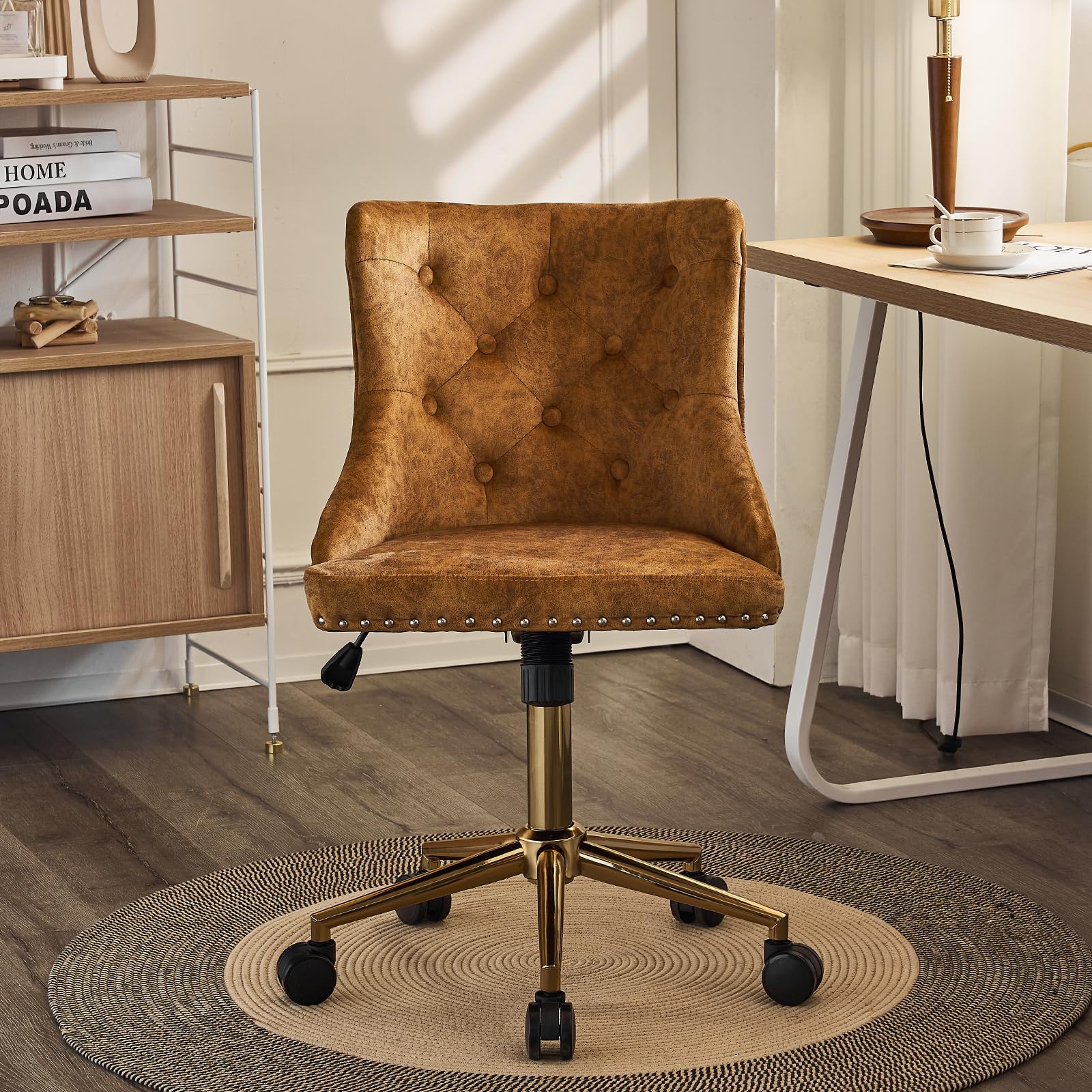 VINGLI Mustard Velvet Armless Home Office Desk Chair with Gold Base/Wheels, Small Cute Vanity/Makeup Chair with Back for Bedroom, Upholstered Adjustable Rolling Swivel Nail Chair for Women/Girls