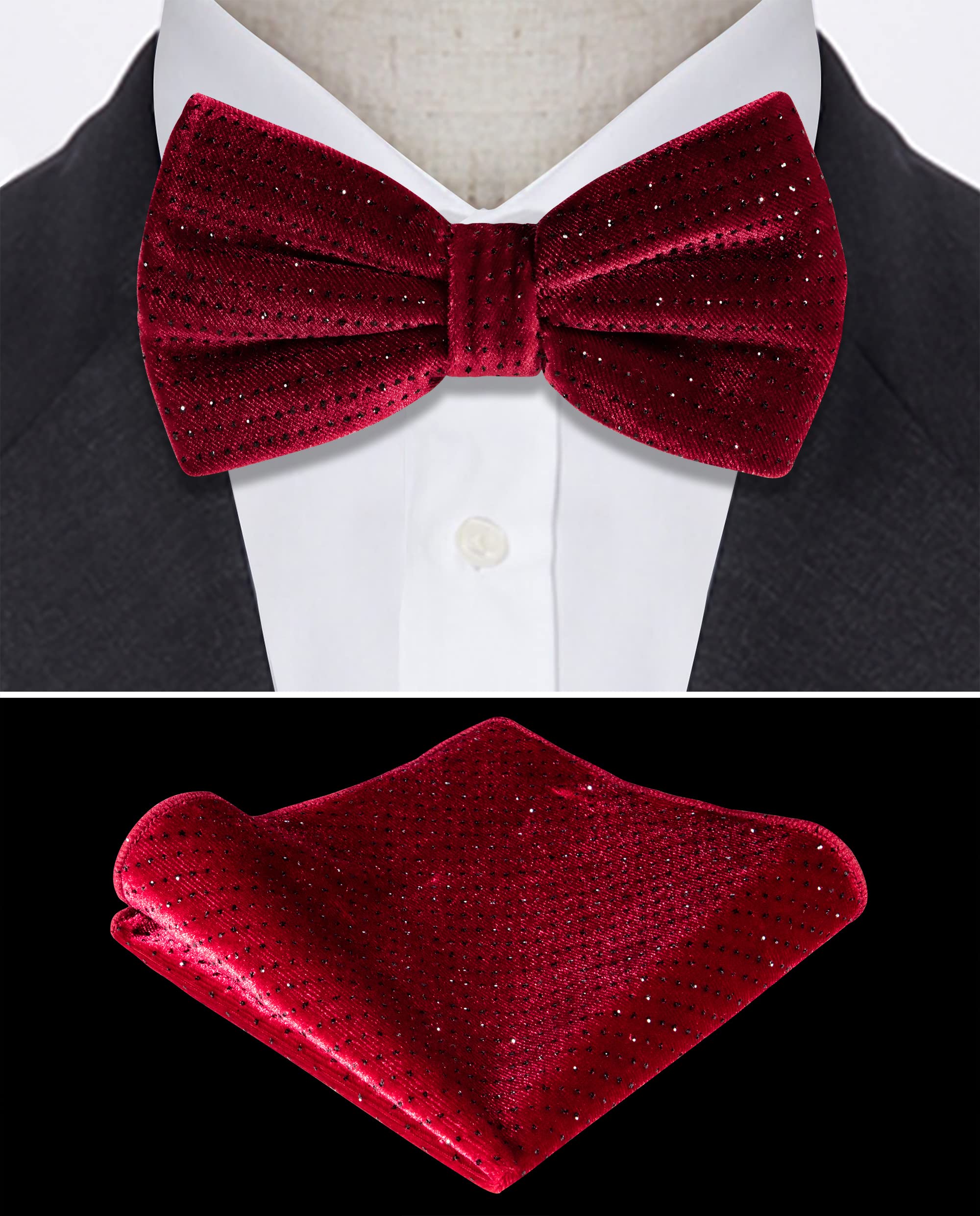 TIE G Men's Glitter Velvet Bow Tie + Pocket Square Set in Gift Box for Wedding, Party : Glittering Effects, Unisex Design (Galaxy Apple Red)