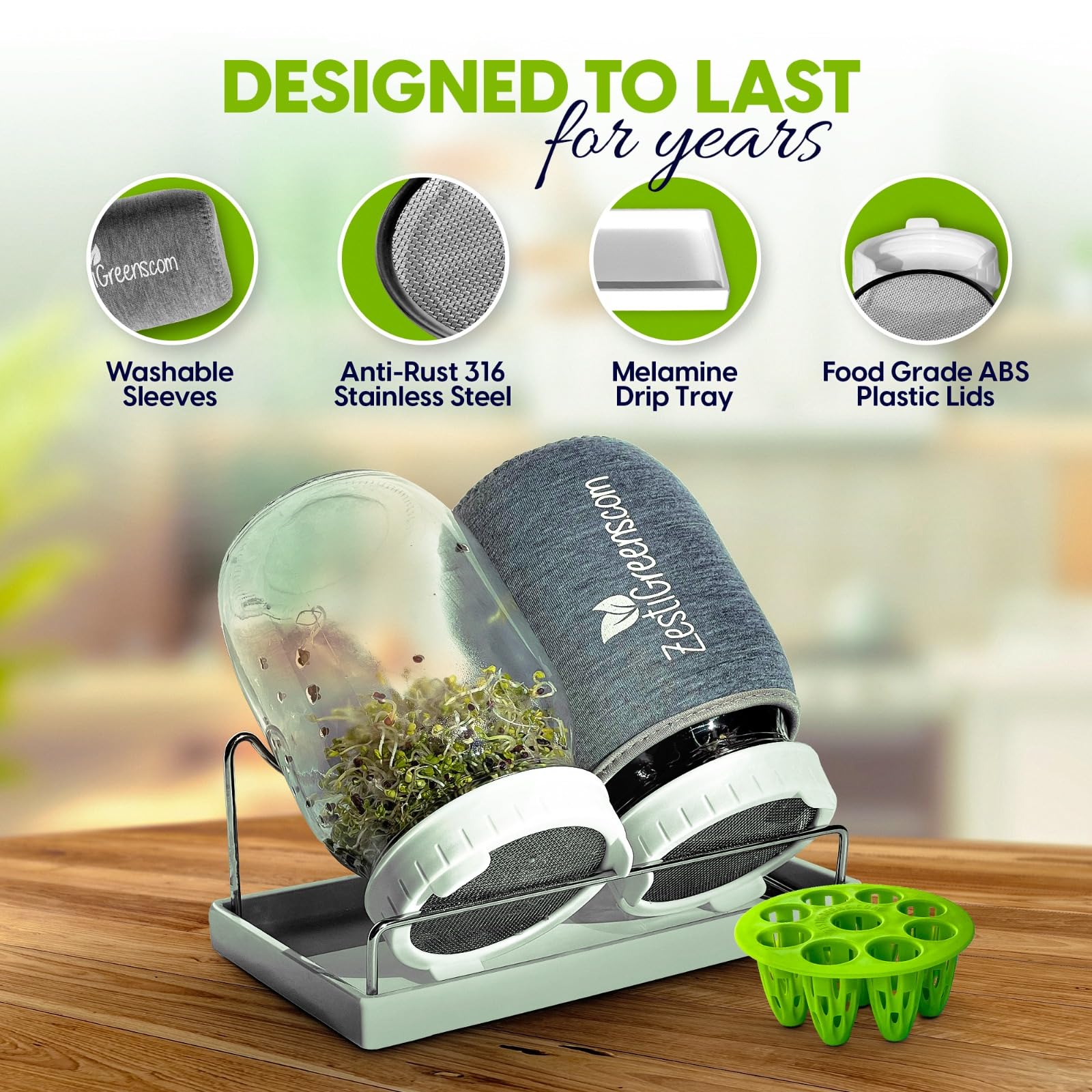 Premium Seed Sprouting Kit & Green Onion Regrower – 2 Wide-Mouth Mason Jars with Sprout Lids, Stainless Stand, Drain Tray, Blackout Sleeves & Cleaning Brush for Broccoli, Alfalfa & Mung Beans