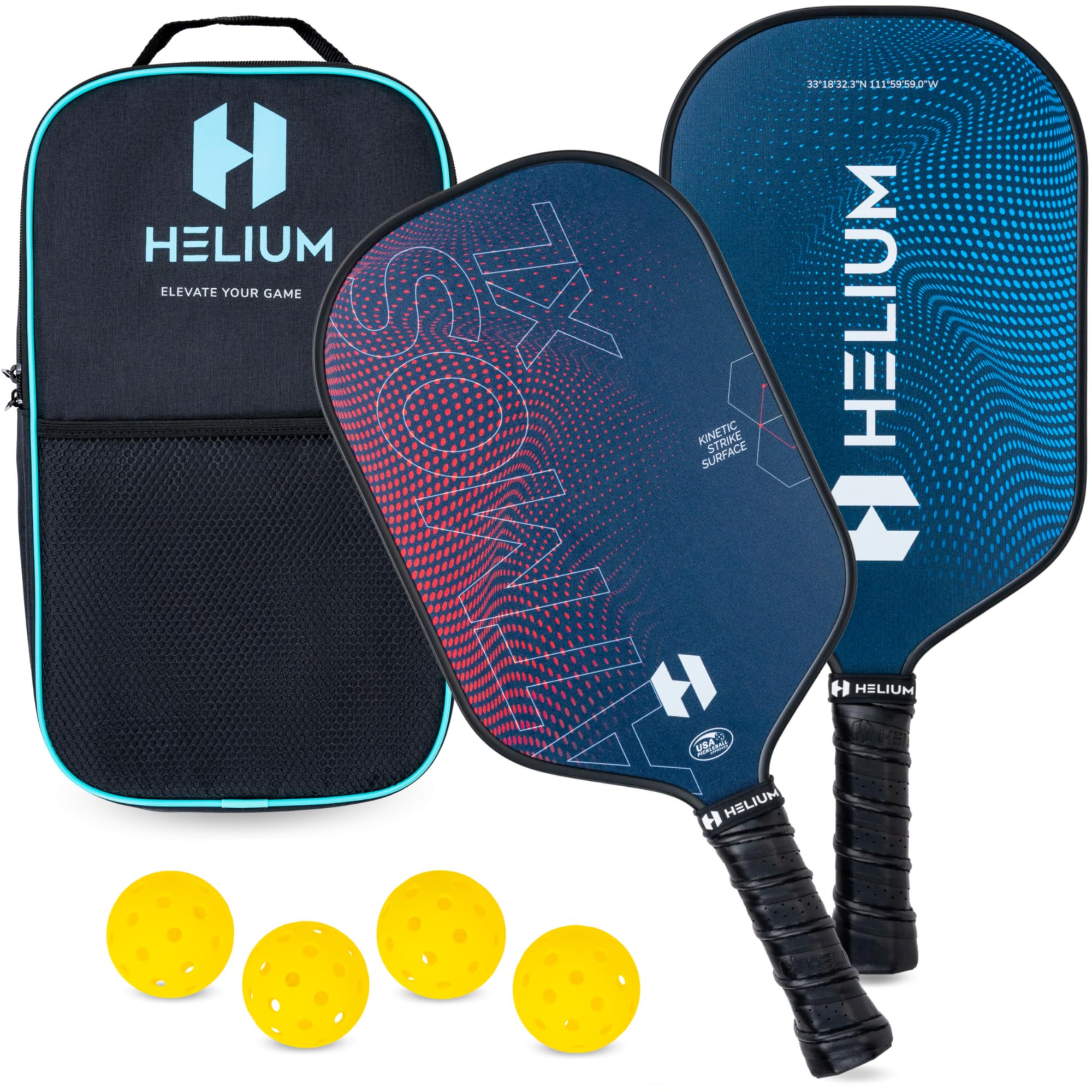 Helium Pro Carbon Fiber Pickleball Paddle Set of 2 - USAPA Certified Pickleball Paddles, High-Spin Texture, Lightweight Honeycomb Core (2 Paddles, 4 Balls, 1 Sports Bag)