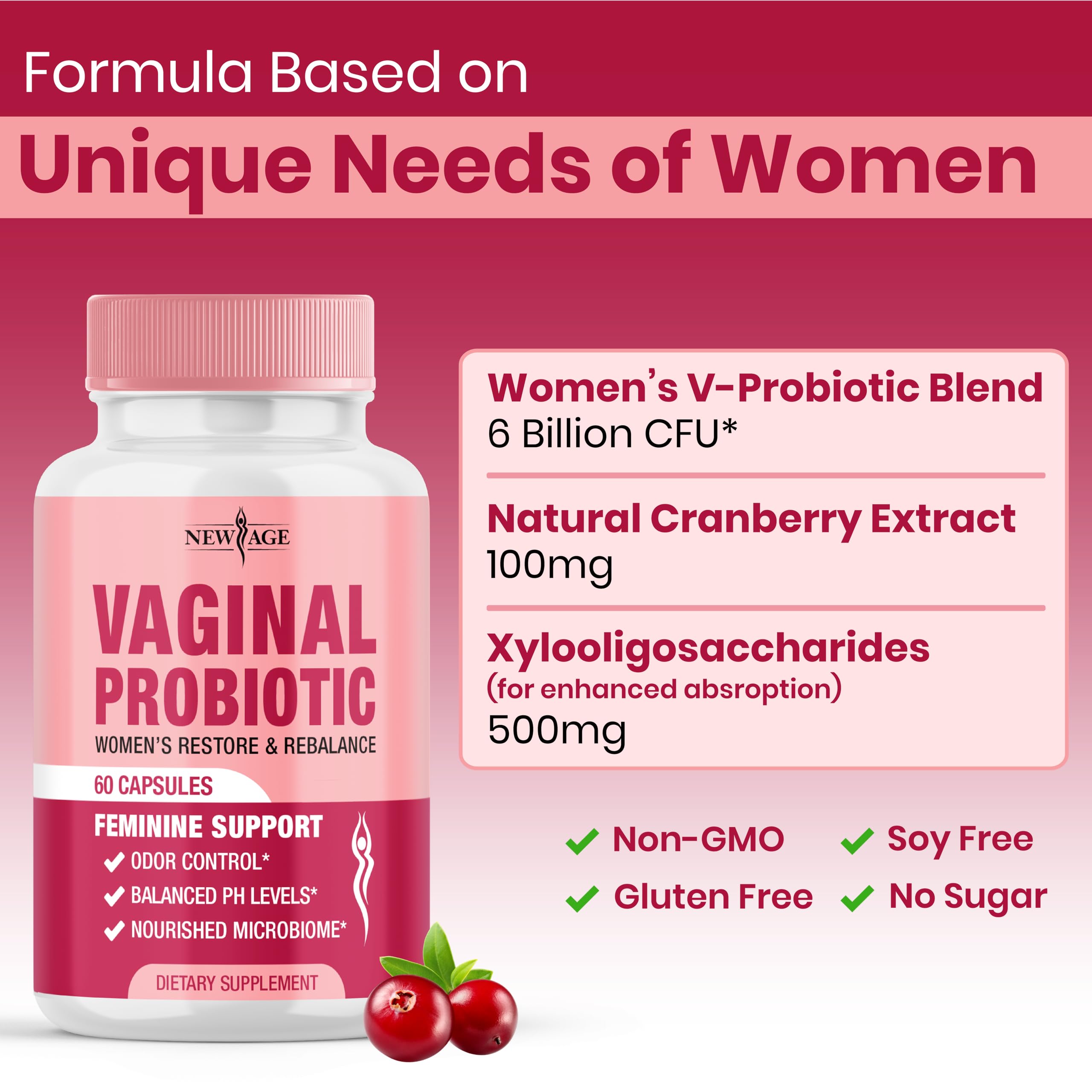 NEW AGE Vaginal Probiotics for Women with Prebiotics, Cranberry Extract, and a Lactobacillus Probiotic Blend, Supports Healthy pH Balance, Odor Control, Vaginal Flora - 120 Capsules