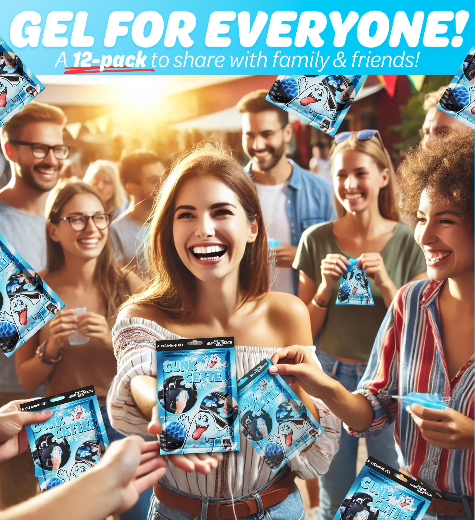 Gunk Getter 12 Pack Cleaning Gel for Those Hard to Reach Places, Automotive Cup Holder Electronic Keyboard Office, Slime Gel Cleaner Dust Crumb Removal (Resealable Pouch, Blue, 3oz)