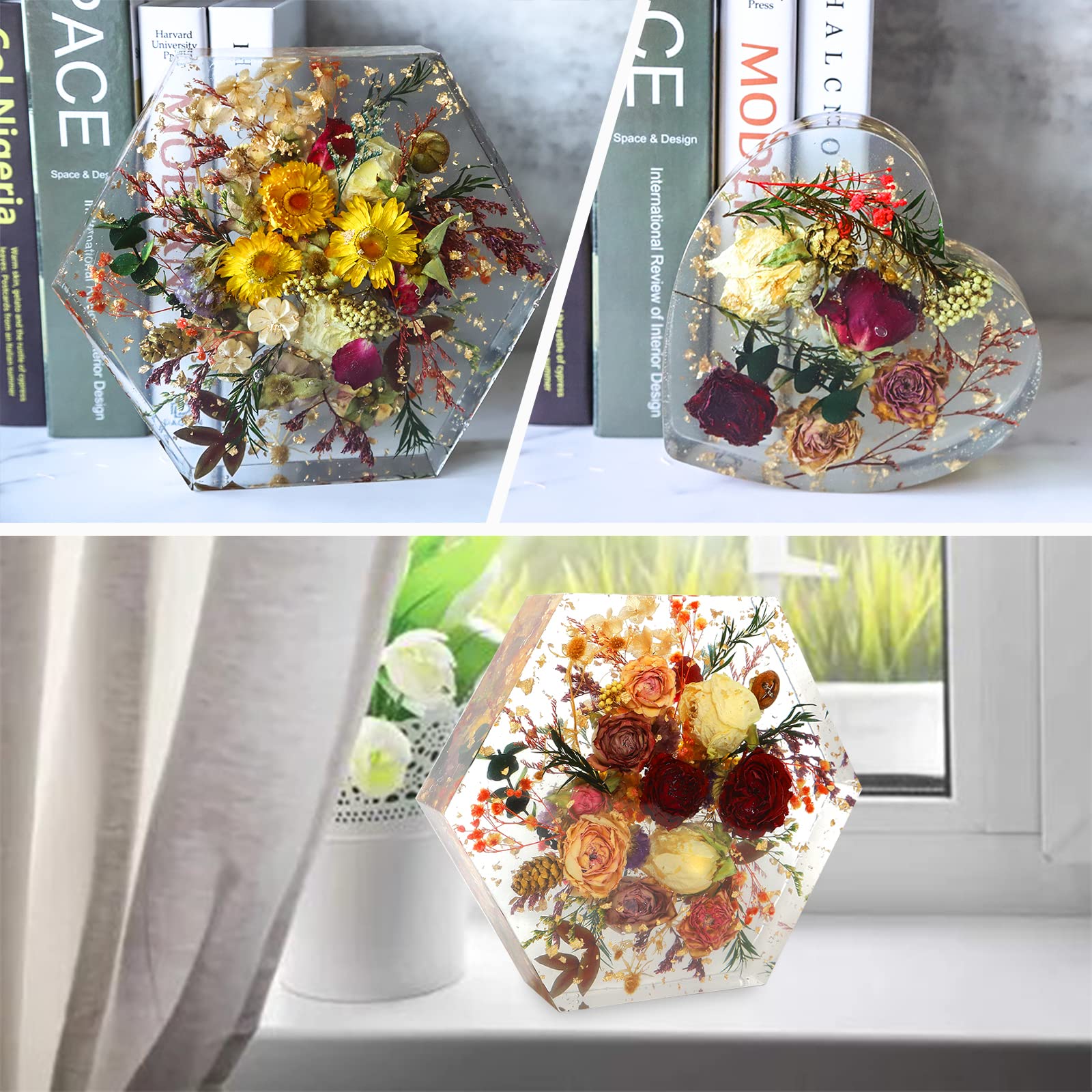 YOILES Resin Molds Silicone,Epoxy Resin Casting Craft Mold for Flower Preservation Bookends DIY Art (Large, Hexagon+Heart+Square)