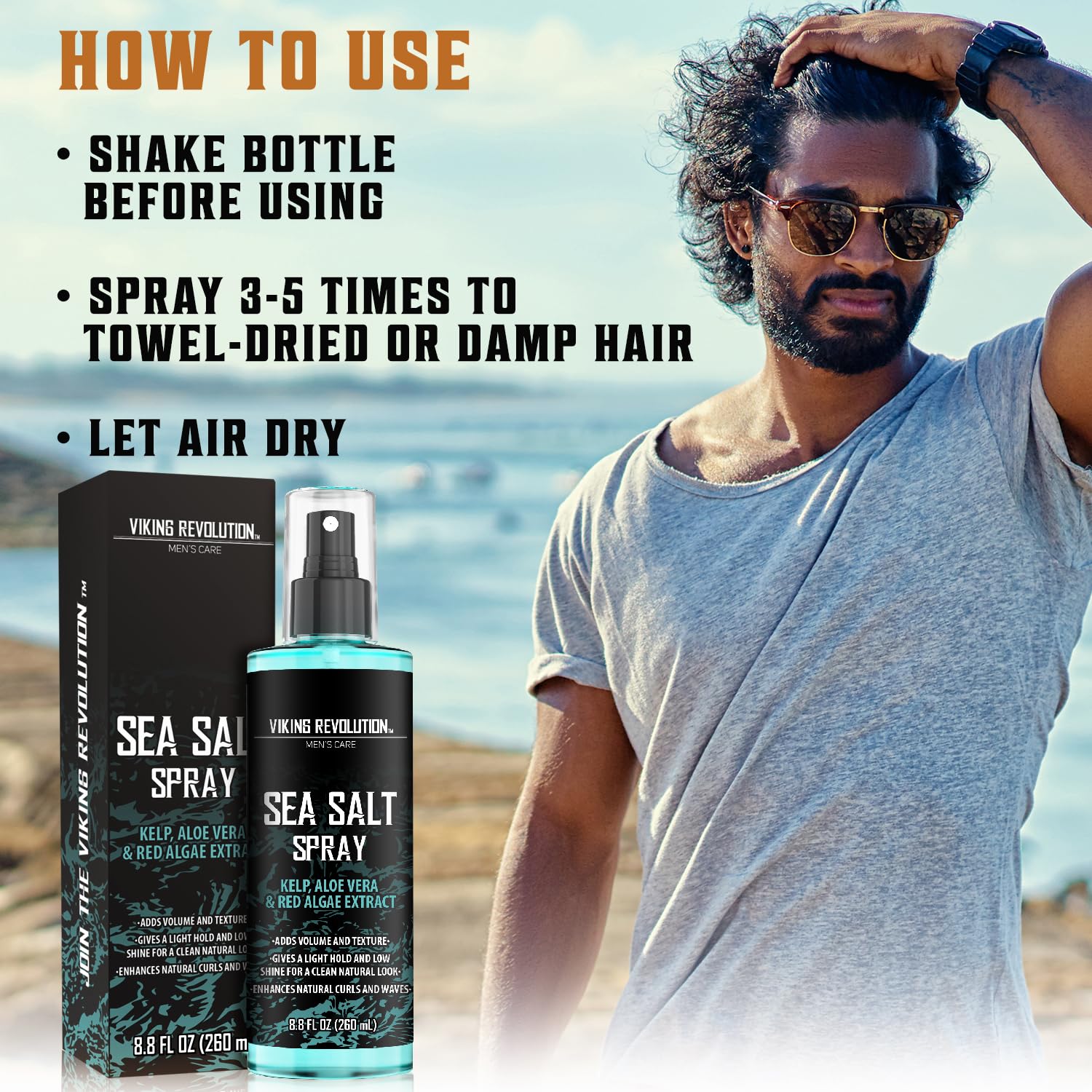 Viking Revolution Sea Salt Spray for Hair Men - Hair Texturizing Spray with Kelp, Aloe Vera and Red Algae Extract - Surf Spray to Add Volume and Texture Sea Salt Spray for Men Beach Hair Spray - 8.8oz