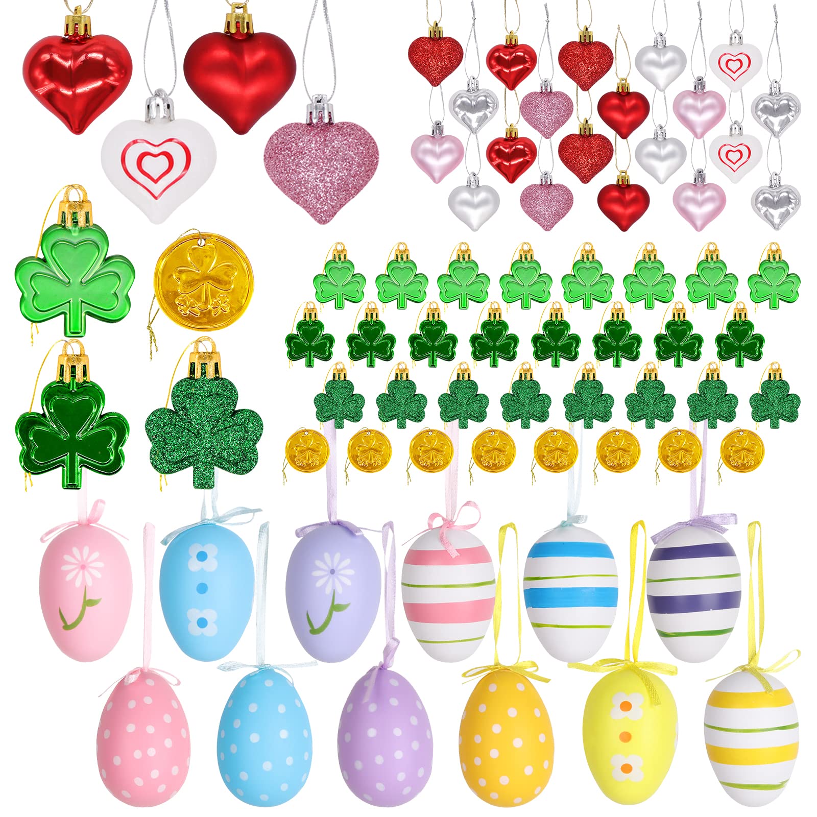 Valentines Day Decor Tree Decorations Set, 72 Pcs Ornaments for Valentine's Day St Patricks Easter Tree, Plastic Heart Shamrock Easter Egg for The Home Wedding Dinner Gifts Table Tiered Tray Decor