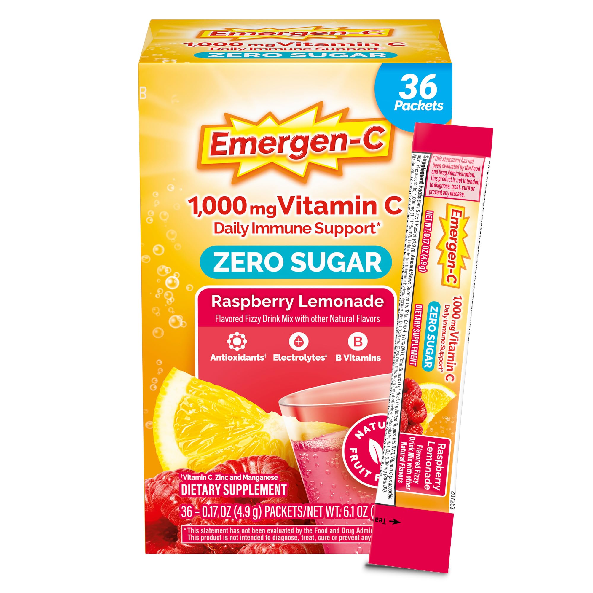 Emergen-C Zero Sugar 1000 mg Vitamin C Powder for Daily Immune Support Caffeine Free Vitamin C Supplements with Zinc and Manganese, B Vitamins and Electrolytes, Raspberry Lemonade Flavor - 36 Count