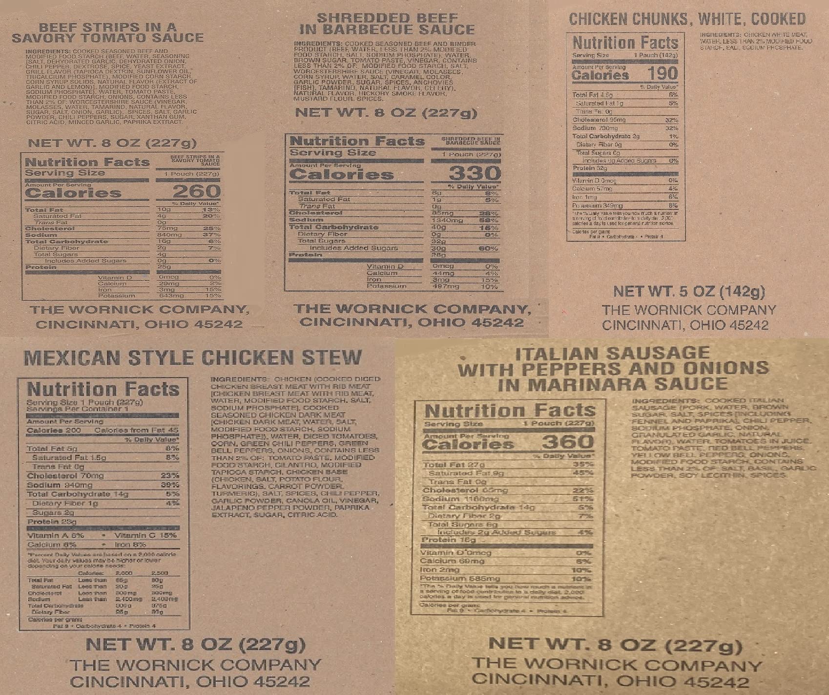 MRE Entrees (18-Pack) – Beef, Chicken & Pork Combo – (Shredded Beef, Beef Strips, Stew, Chicken Chunks, Sausage w/Marinara, Maple Pork Patty, Chili w/Beans) | Sourced Directly from USA Govt Contractor