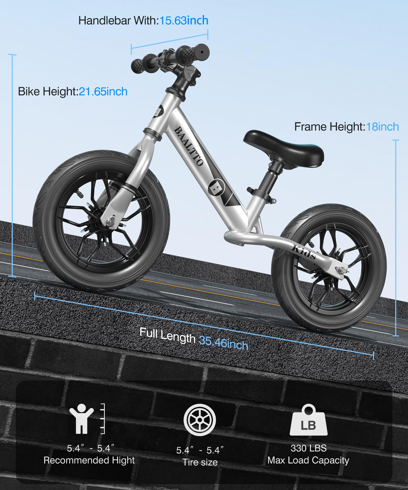 BAALTTO Balance Bike Rubber Tires, Metallic Paint, Colorful Lights, Mountain Bike Handlebars, and Integrated Stand - 12-Inch Wheel, Suitable for Boys and Girls Ages 2-7(Silver)