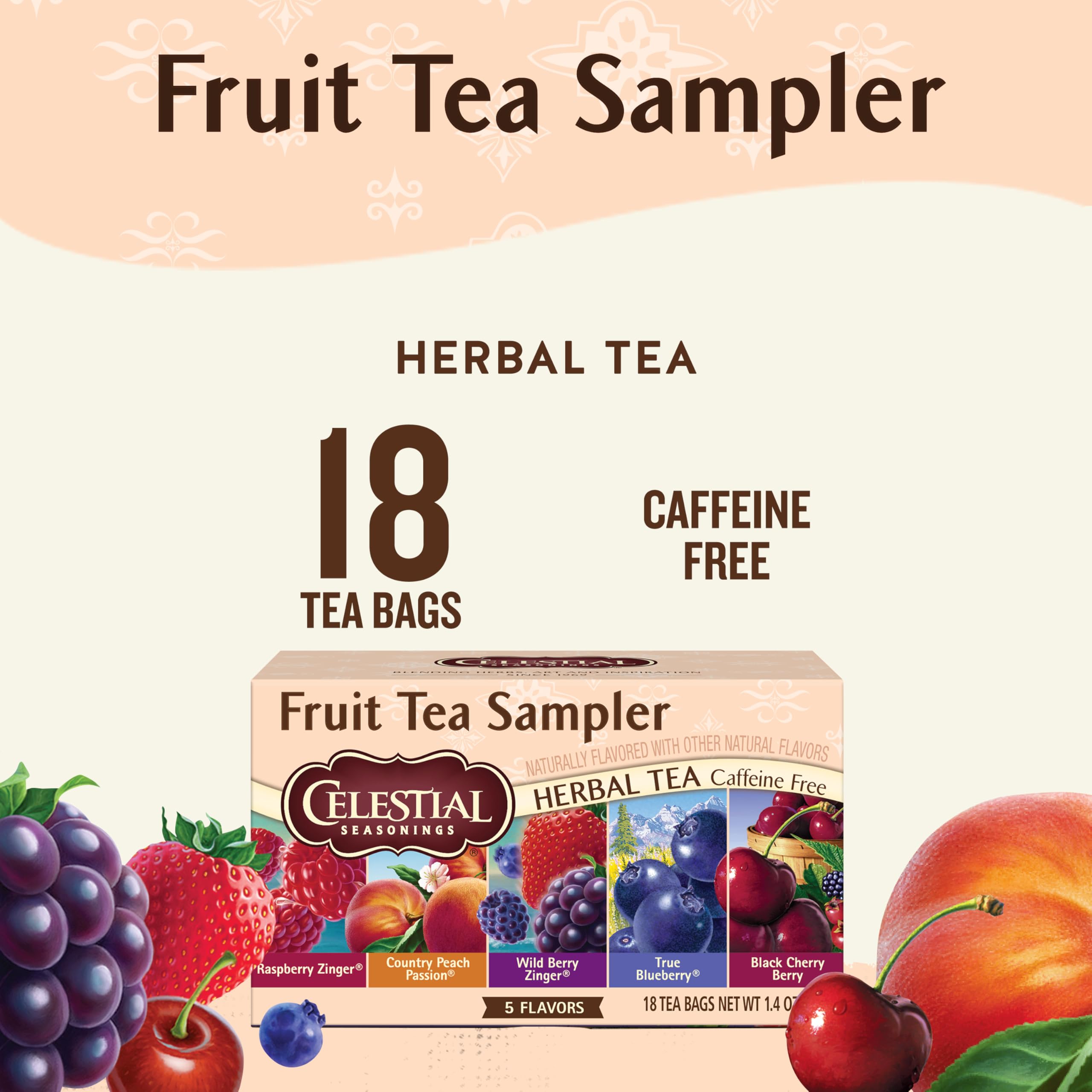 Celestial Seasonings Fruit Tea Sampler Herbal Variety Pack, Caffeine Free, 18 Tea Bags Box