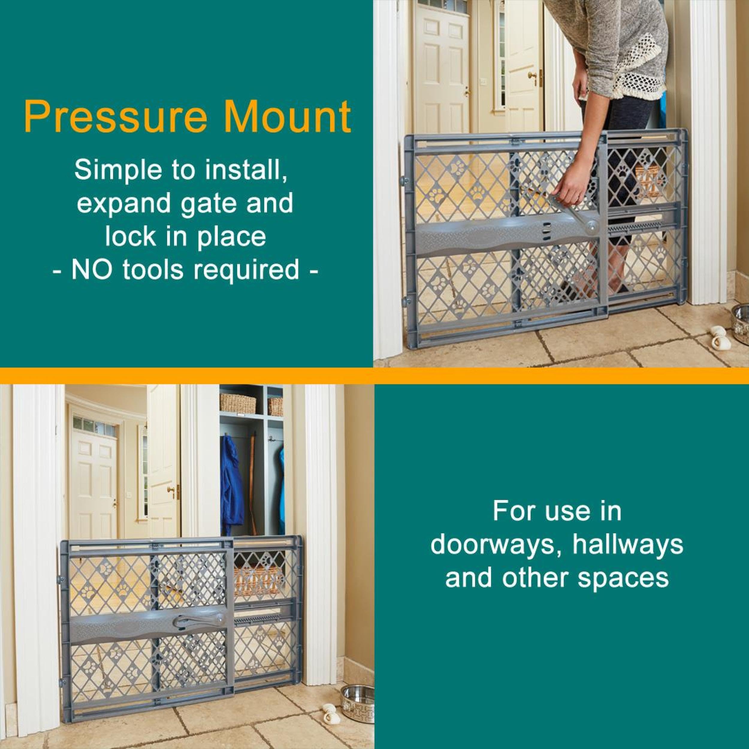 MYPET North States Paws Portable Pet Gate: 26-40" Wide. Pressure Mount. No Tools Needed. Made in USA. Dog Gate 23" Tall, Expandable, Durable Dog Gates for Doorways, Fieldstone Gray