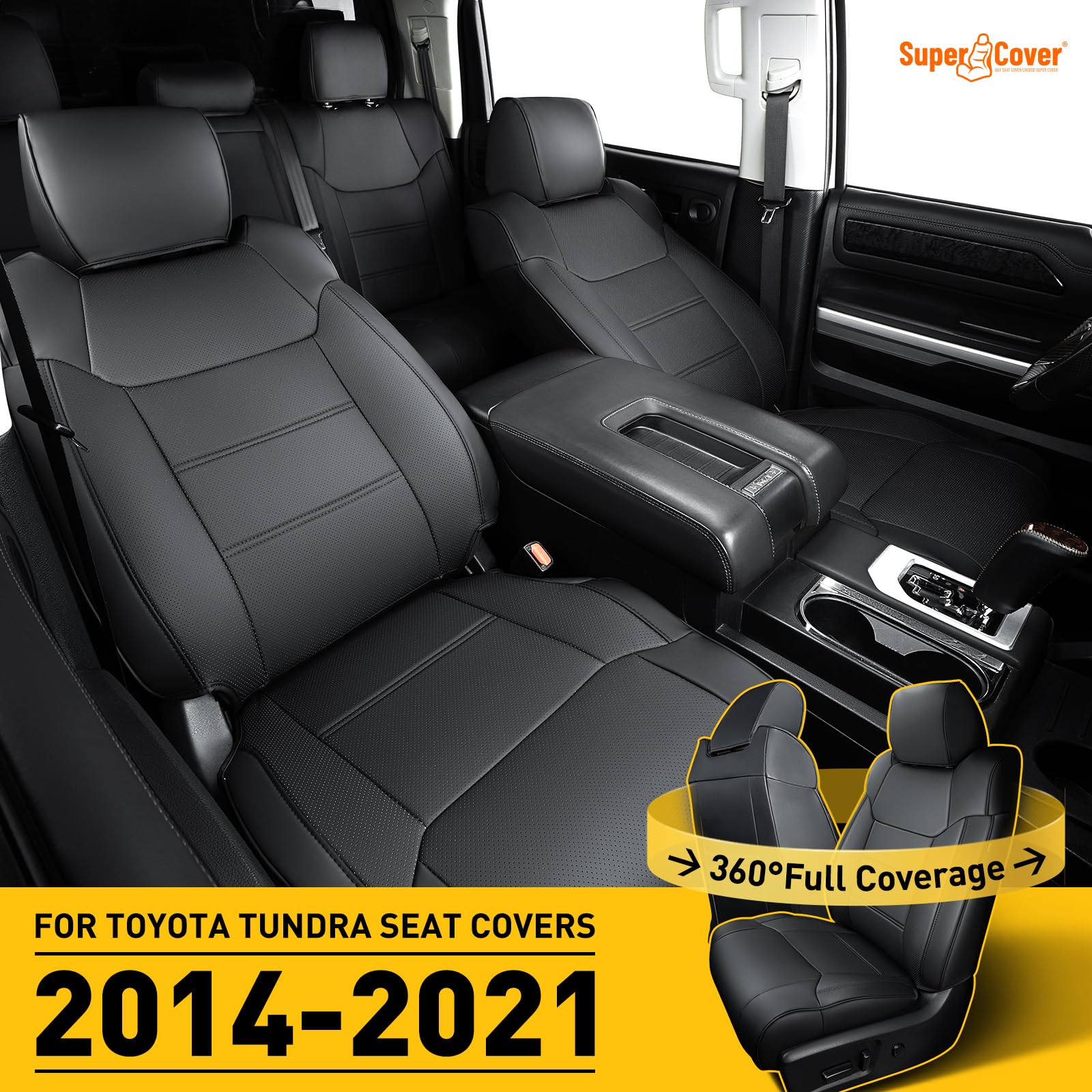 Super Cover for Toyota Tundra Seat Covers 2014-2021(CrewMax only), Full Covered Black Seat Protectors Pickup Truck Leather Seat Cover Set for Tundra 2021 2020 2019 2018 2017 2016 2015 2014 Accessories