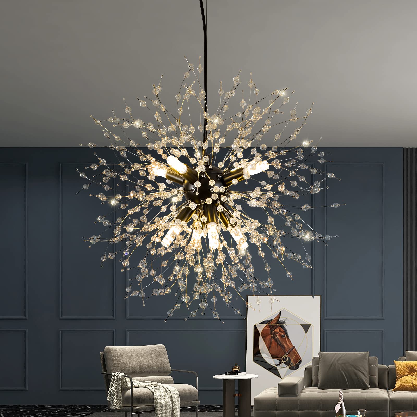 CM MZY Modern Crystal Chandeliers Firework, Matt Black Dandelion Sputnik Ceiling Light Fixtures, Sputnik Chandelier Pendant Light for Bedroom Living Room Dining Room Kitchen Island Hallway