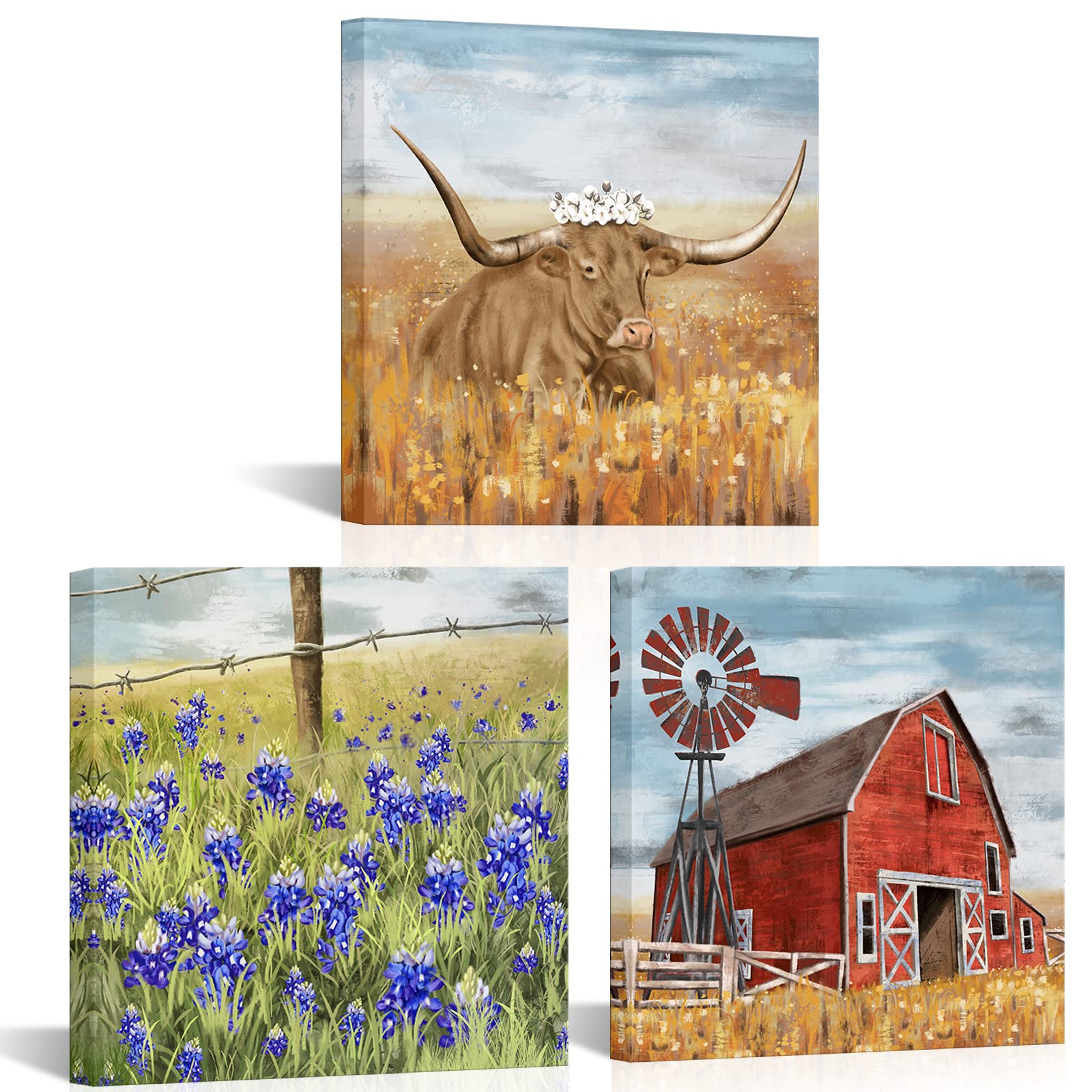 RnnJoile Texas Wall Art Decor Bluebonnet Pictures on Canvas Farmhouse Longhorn Texas Farm Painting Prints for Kitchen Decor Framed 12"x12"x3pcs