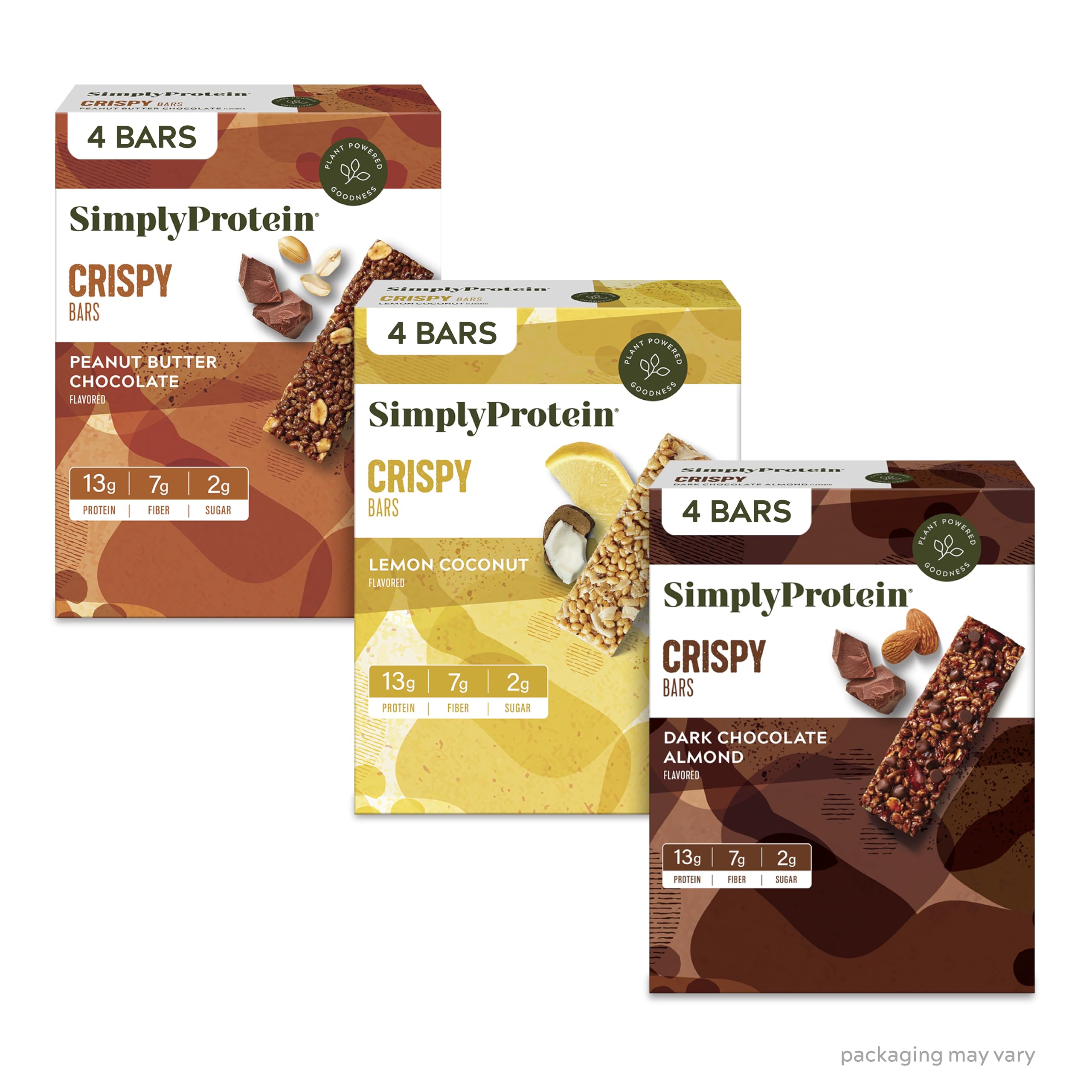 Simply Protein - Crispy Vegan Protein Bars Variety Pack, 3 Flavors - Plant Based, Protein Snacks - 13g Protein, 2g Sugar, 7g Fiber - Gluten Free, Non GMO, Kosher - 12 Bars, 3 Boxes