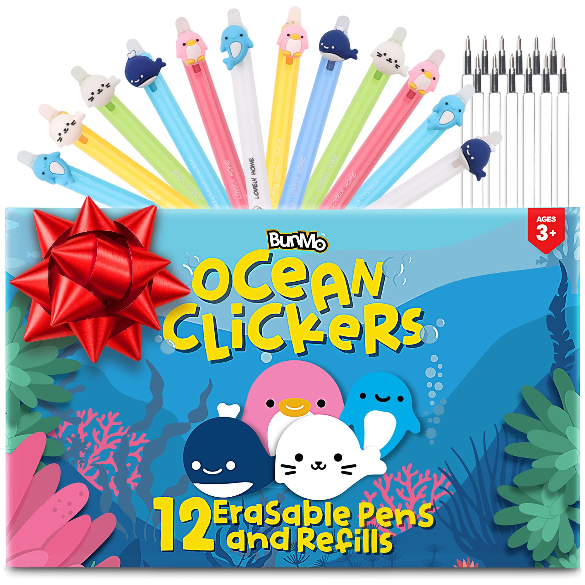 BUNMO Erasable Gel Pens 12 Pack w/Refills Included - Tween Stocking Stuffers Girls - Christmas Gifts for Girls - School Supplies - Erasable Pens for Smooth Writing & Drawing - Ocean Animals