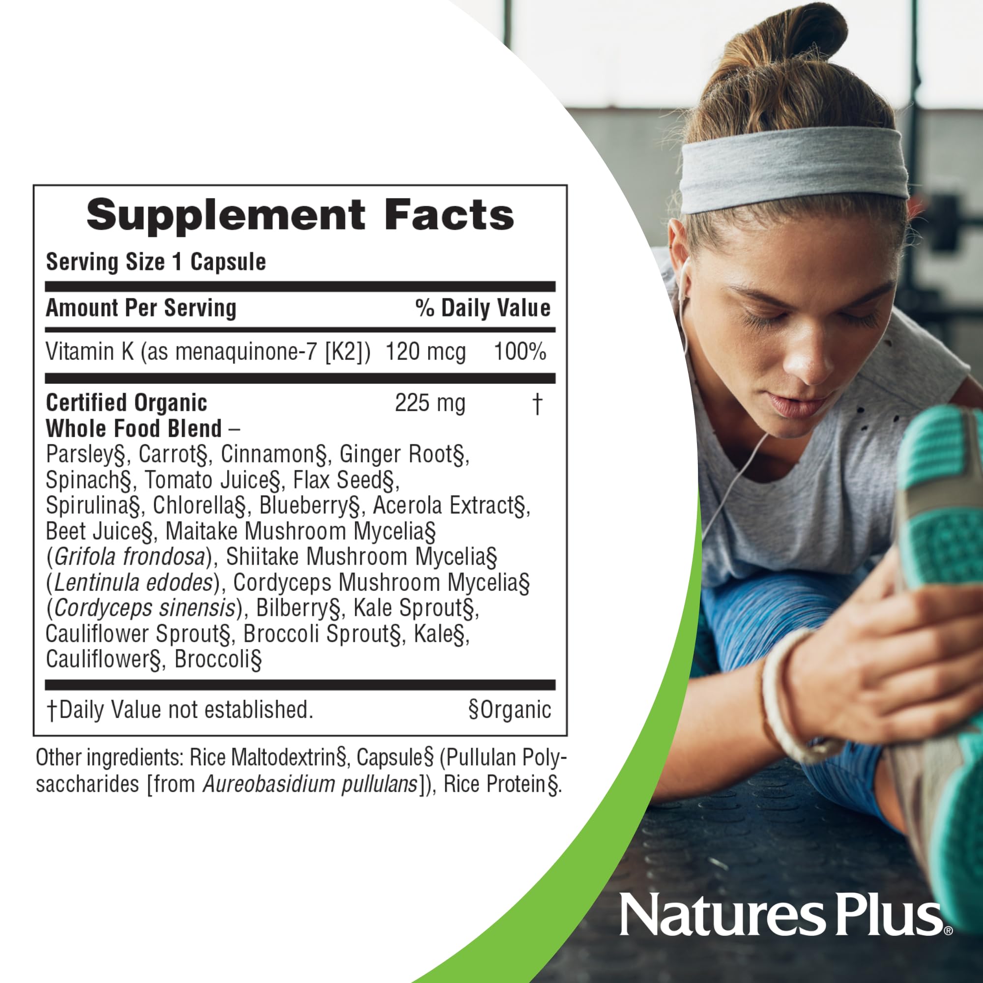 NaturesPlus Source of Life Garden Vitamin K2-60 Vegan Capsules, Pack of 2 - Bone Support - Certified Organic, Non-GMO, Gluten Free - 120 Total Servings