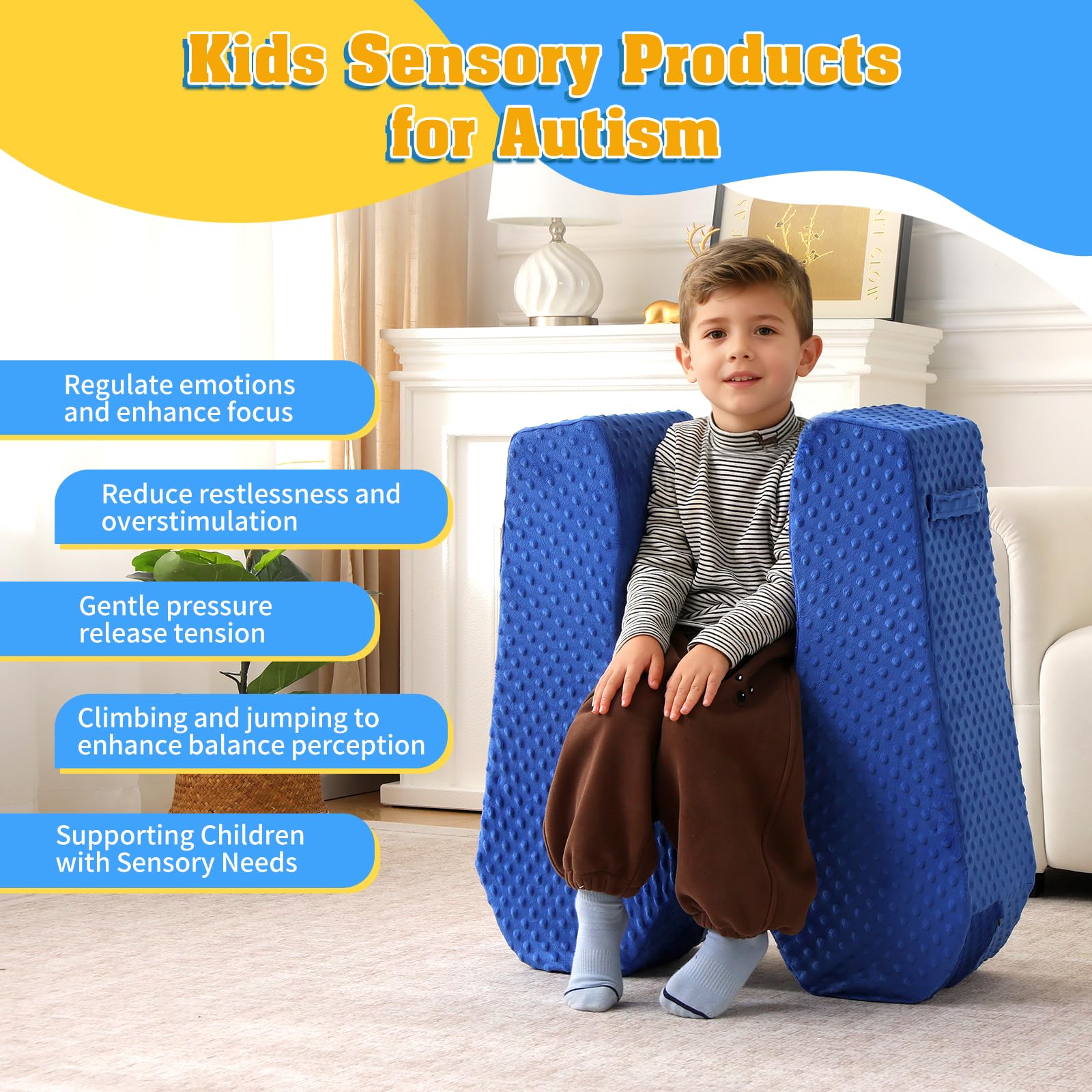 NOVII Sensory Rocker Chair for Kids，Soft Squeeze Sensory Seat，Calming Compression Chair with Sensory Needs for Kids，Washable Cover，Easy to Move with Handle，Suitable for Sensory Rooms, (Sky Blue)