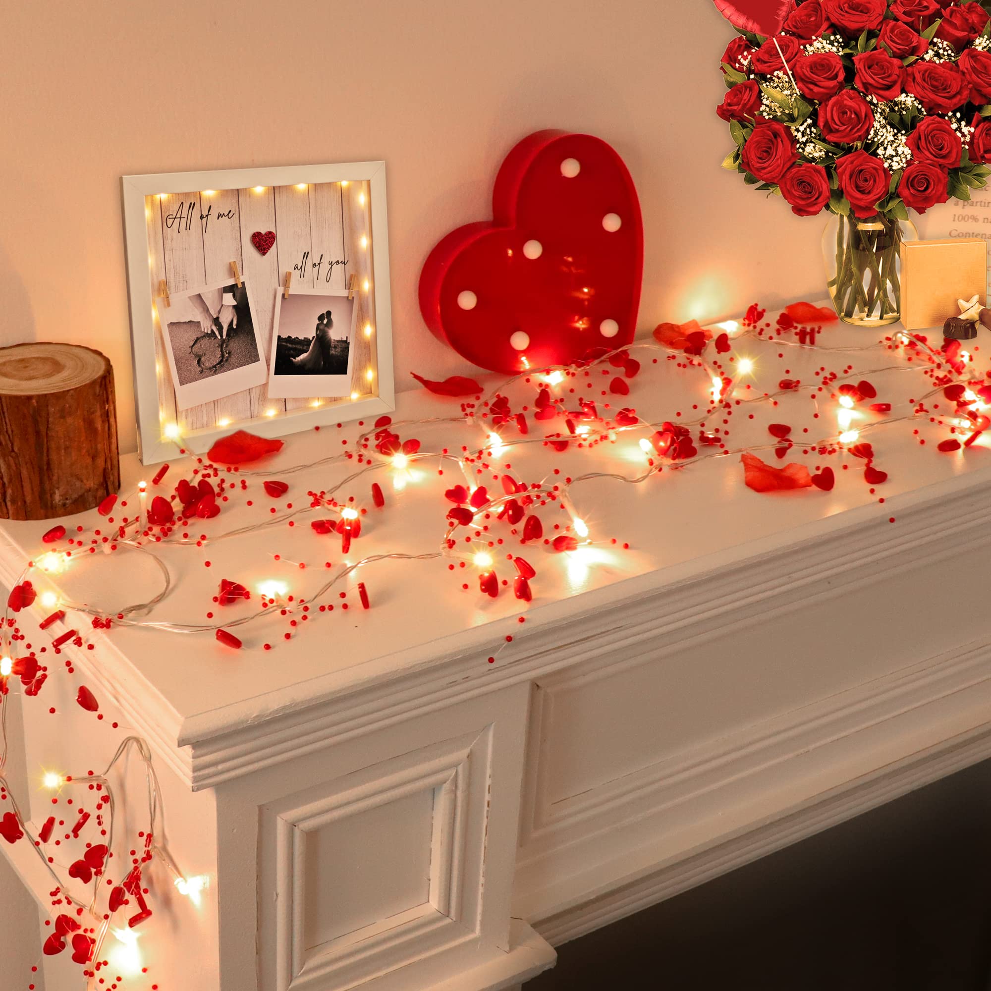 Valentines Day Decor 10FT 30 LED Valentines Day Garland with Lights Red Heart Lights String Battery Operated, Valentines Day Lights for Mantle Tree, Romantic Valentines Day Decoration for Home Bedroom