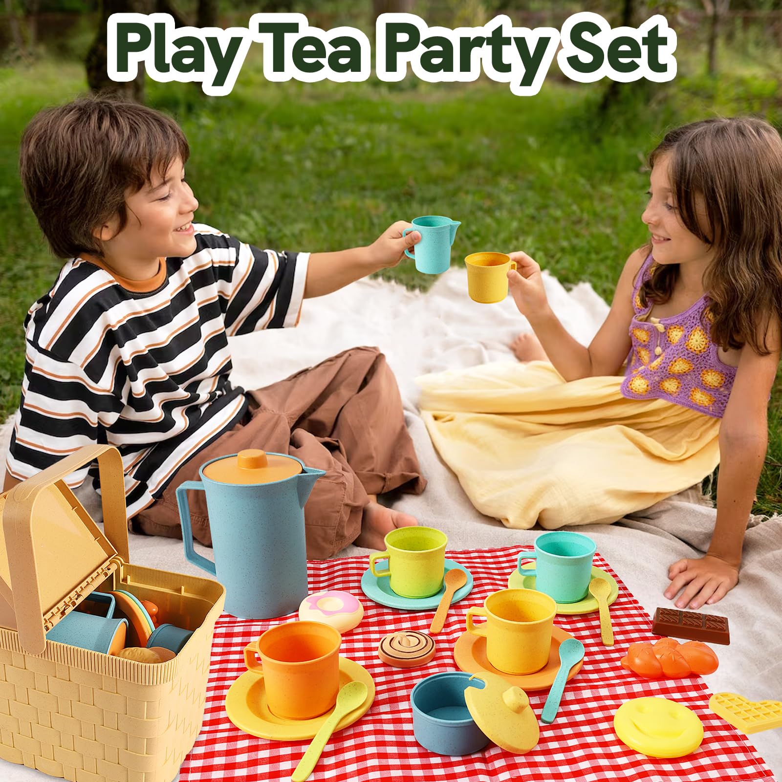 HERSITY Picnic Basket Toys for Toddlers, Kids Play Tea Sets with Teapot Tea Cup Dessert Food and Mat, Pretend Play Kitchen Accessories Tea Party Set Little Girl Boy Age 3 4 5