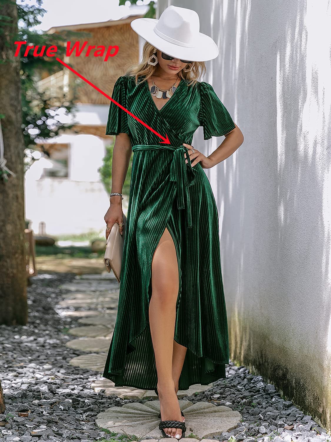 BerryGo Women's Semi Formal Velvet Wrap Dress Prom Cocktail Short Sleeve Swing Long Maxi Dress Emerald Green M