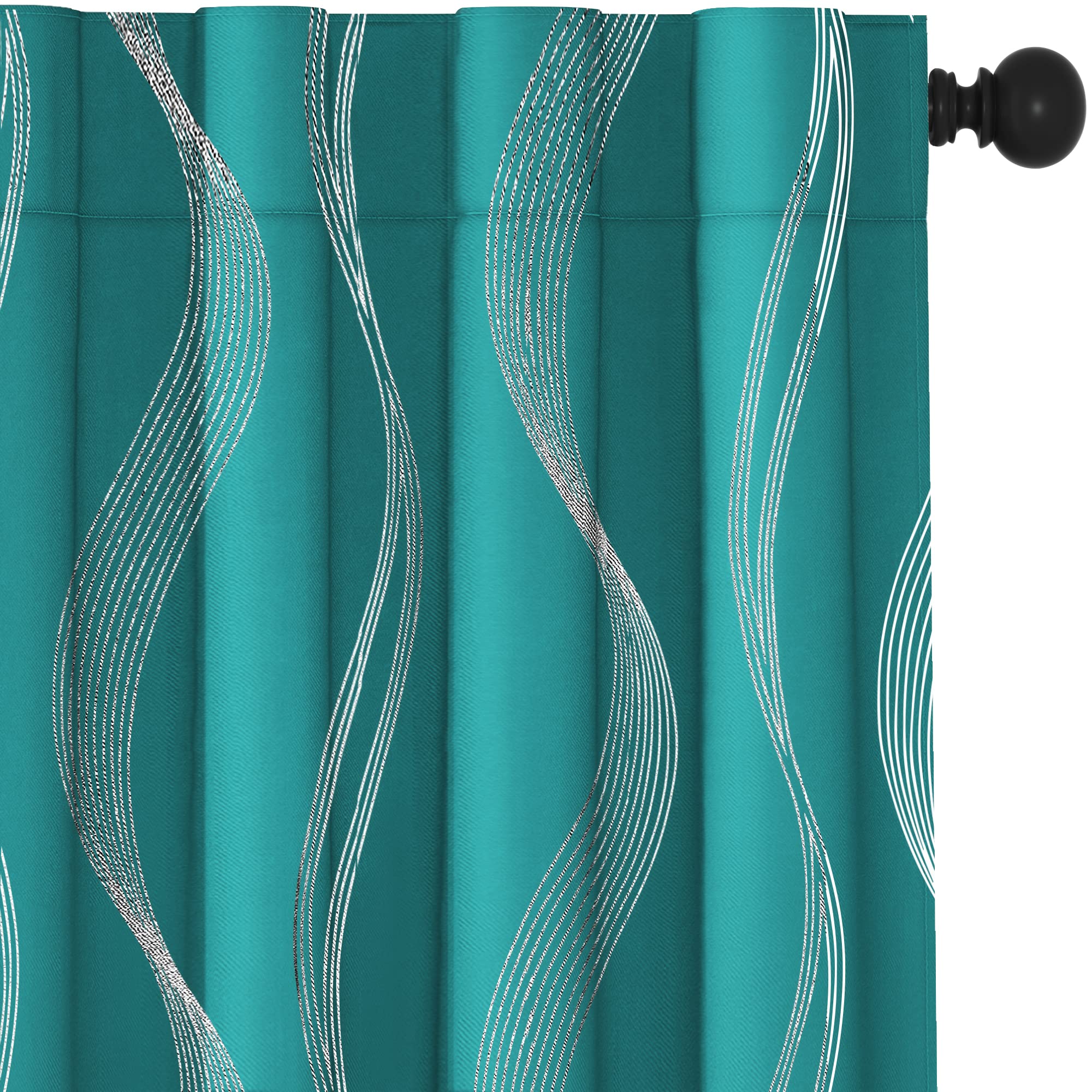 Deconovo Blackout Curtains 96 Inches Long, Living Room Curtains 95 Inch, Bedroom Curtains 2 Panel Sets, Kids Curtains,Silver Wave Back Tab Rod Pocket, 52W x 95L, Turquoise