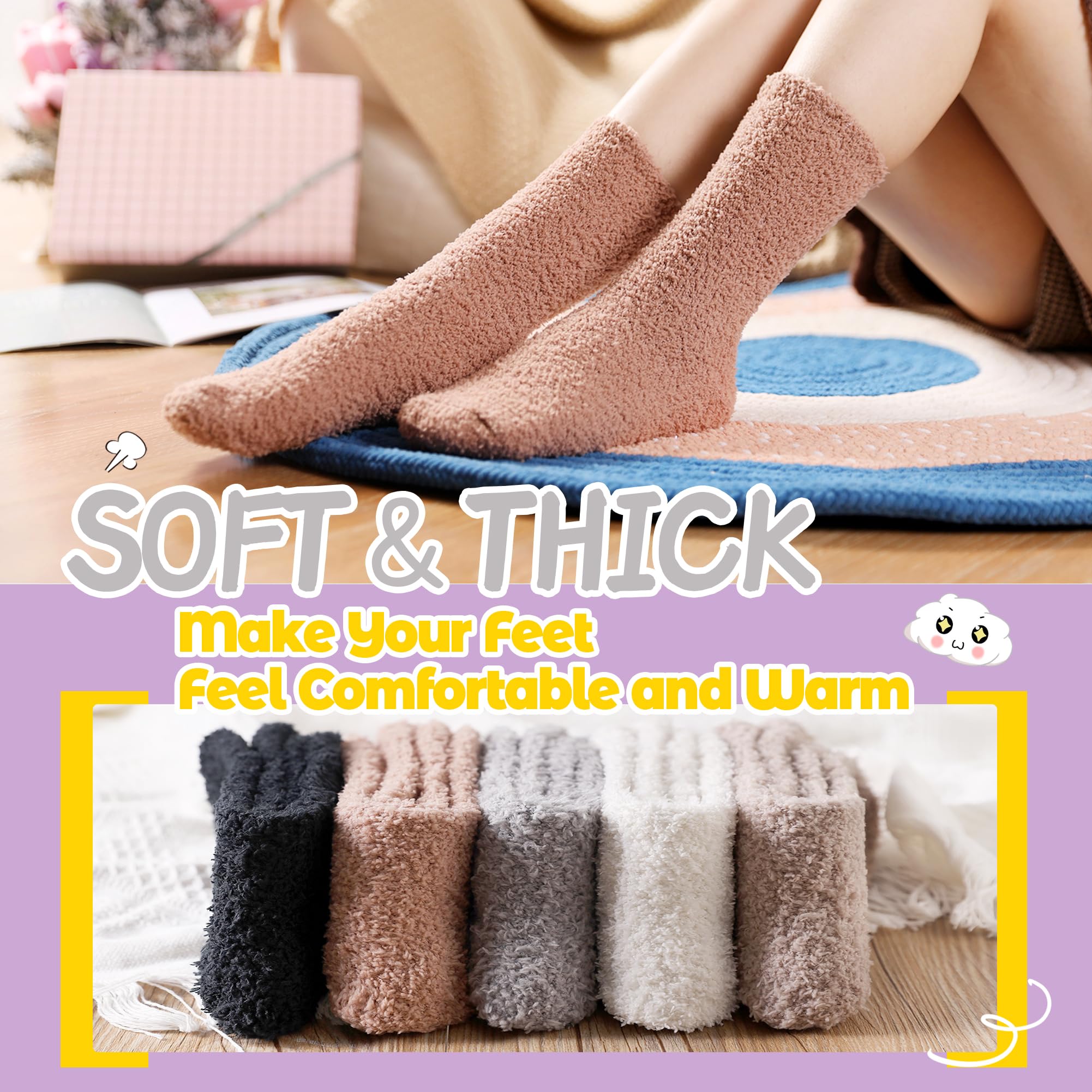 AMENLAN Women Fuzzy Slipper Socks Winter Microfiber Soft Cozy Plush Fluffy Socks Warm Comfy Thermal Home Sleeping Socks (Black/White/Grey/Khaki/Brown)