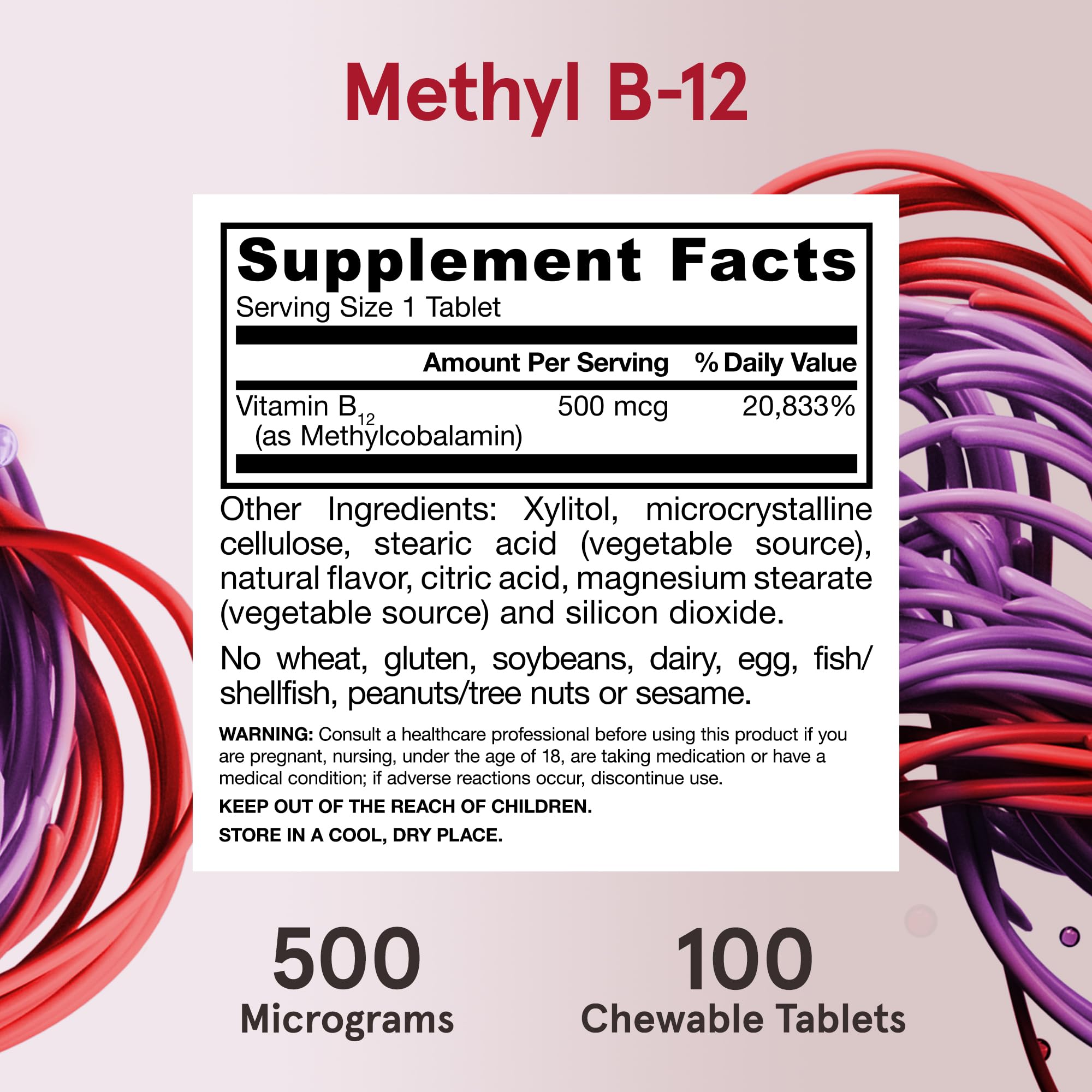 Jarrow Formulas Methyl B-12 Tablets, 500 mg, Dietary Supplement For Cellular Energy Production and Brain Health Support, 100 Cherry Flavor Chewable Tablets, 100 Day Supply