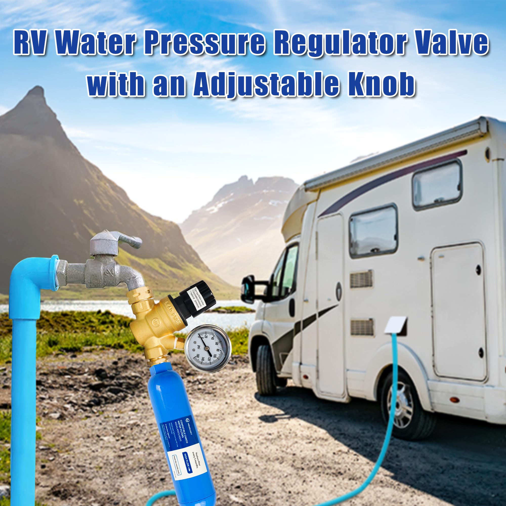 Hourleey RV Water Pressure Regulator, Adjustable Handle Brass Water Pressure Regulator, Water Pressure Reducer with Gauge and Inlet Screened Filter for RV Camper Travel Trailer