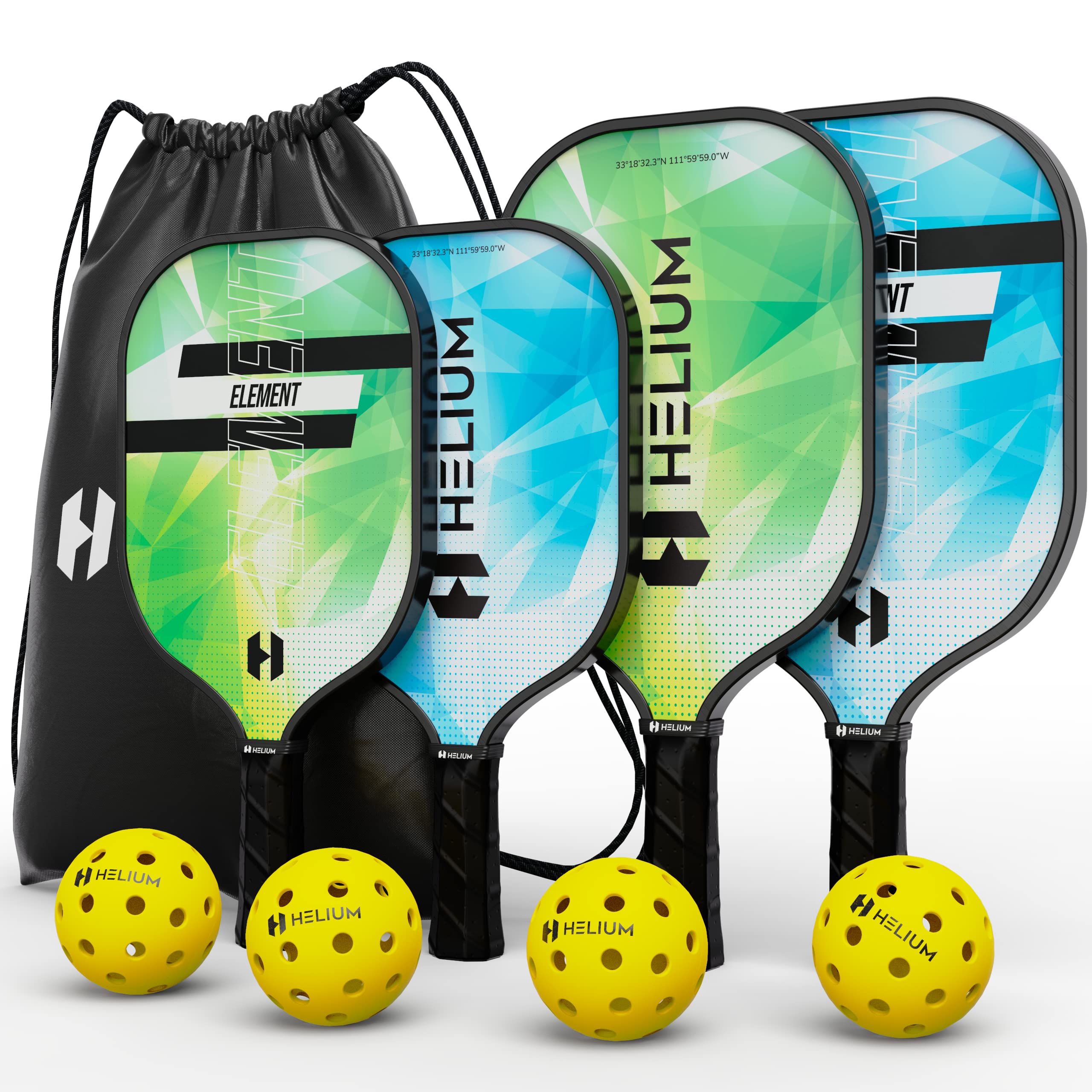 Helium Element Pickleball Family 4-Pack - 2 Child-Size & 2 Adult-Size Paddles, Lightweight Pickleball Set with Honeycomb Core, Graphite Strike Face, 4 Pickleballs & Convenient Drawstring Bag