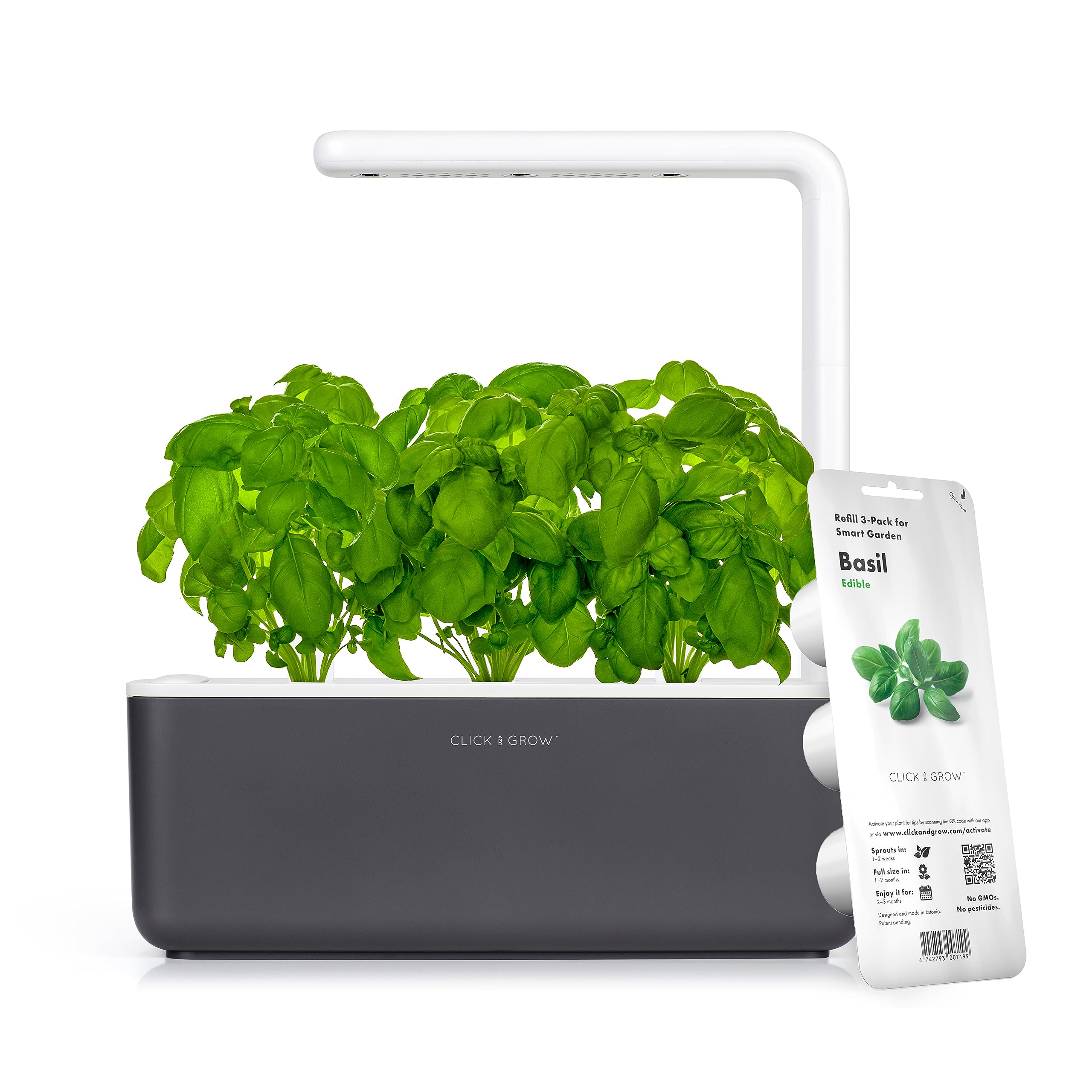 Click & Grow Indoor Herb Garden Kit with Grow Light | Smart Garden for Home Kitchen Windowsill | Easier Than Hydroponics Growing System | Vegetable Gardening Starter (3 Basil Pods Included), Grey