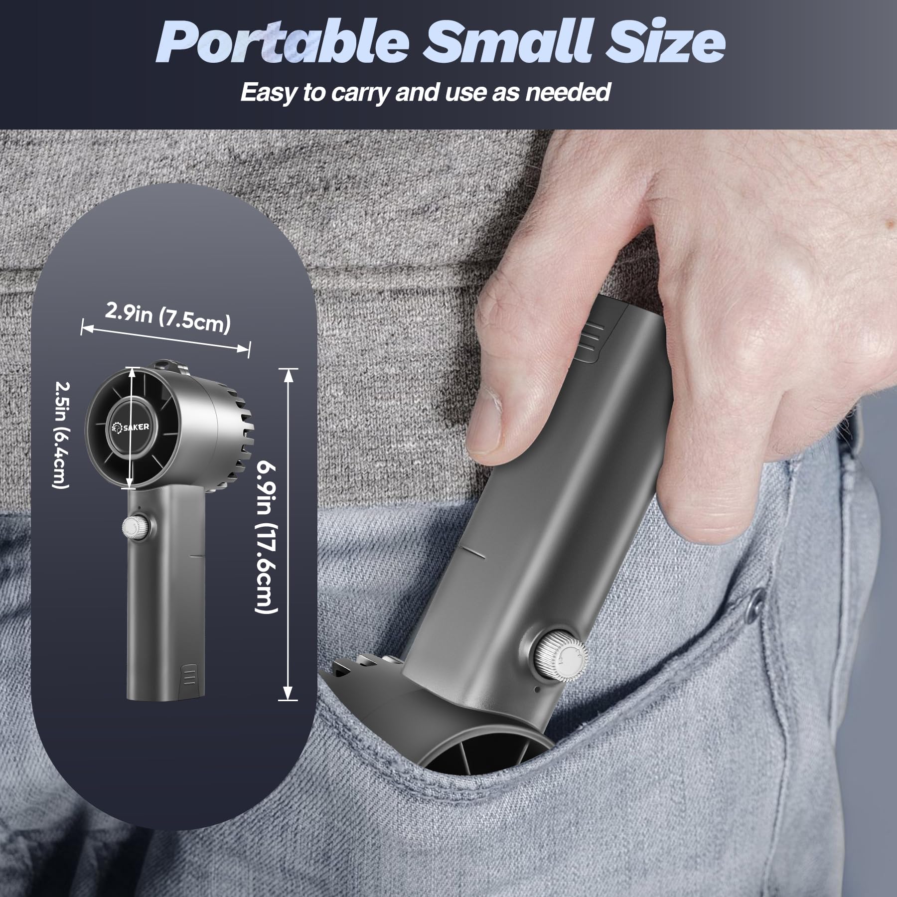 Saker Handheld Turbo Fan - 8800mAh Portable Personal Fan, 100 Speeds Adjustable, USB Rechargeable with 2 Replaceable Batteries for Travel/Sport/Camping