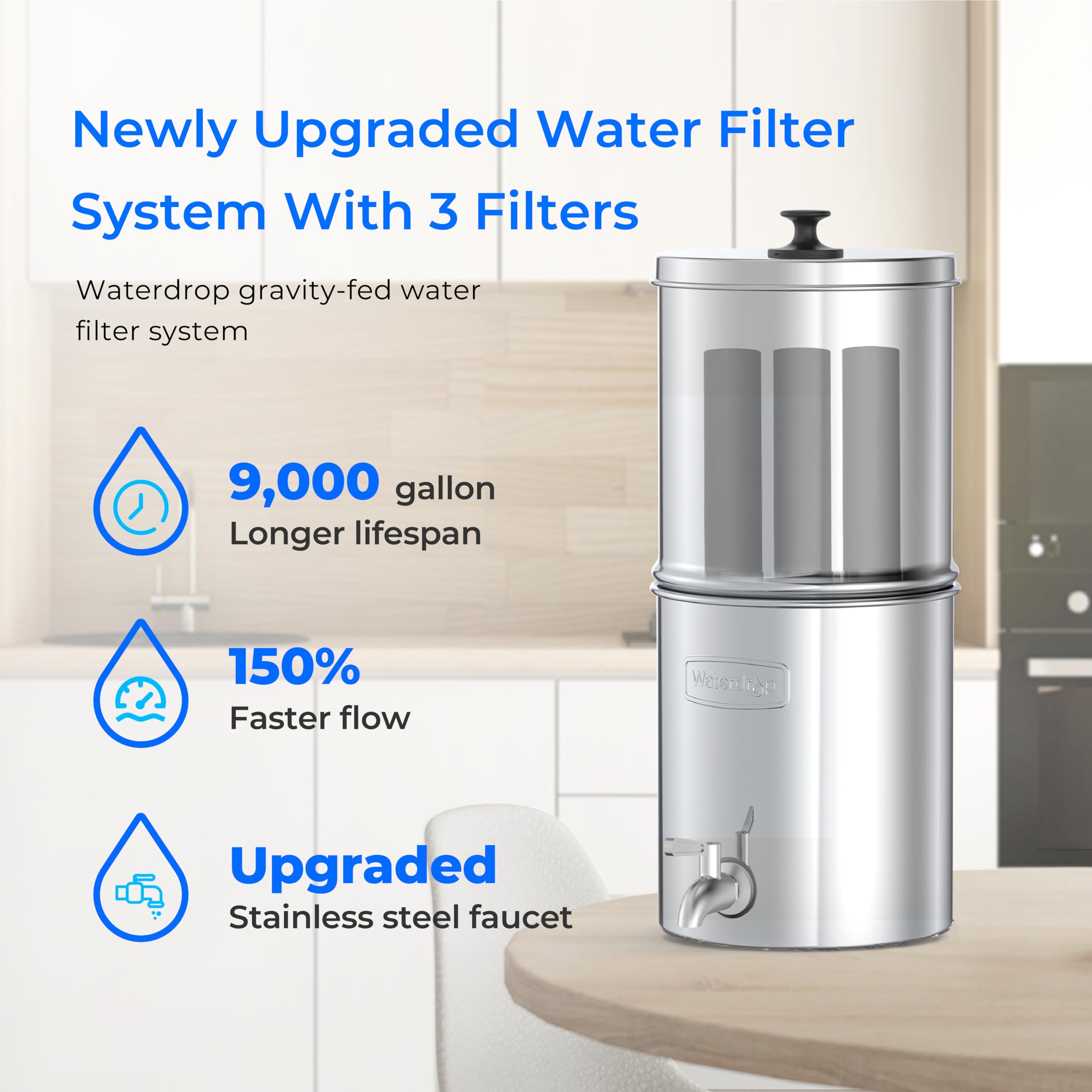 Waterdrop Gravity-fed Water Filter System, with Upgrade 3 Black Carbon Filters and Metal Spigot, 9000 Gallon Longer Lifespan and 150% Faster Flow, King Tank Series, 2.25G