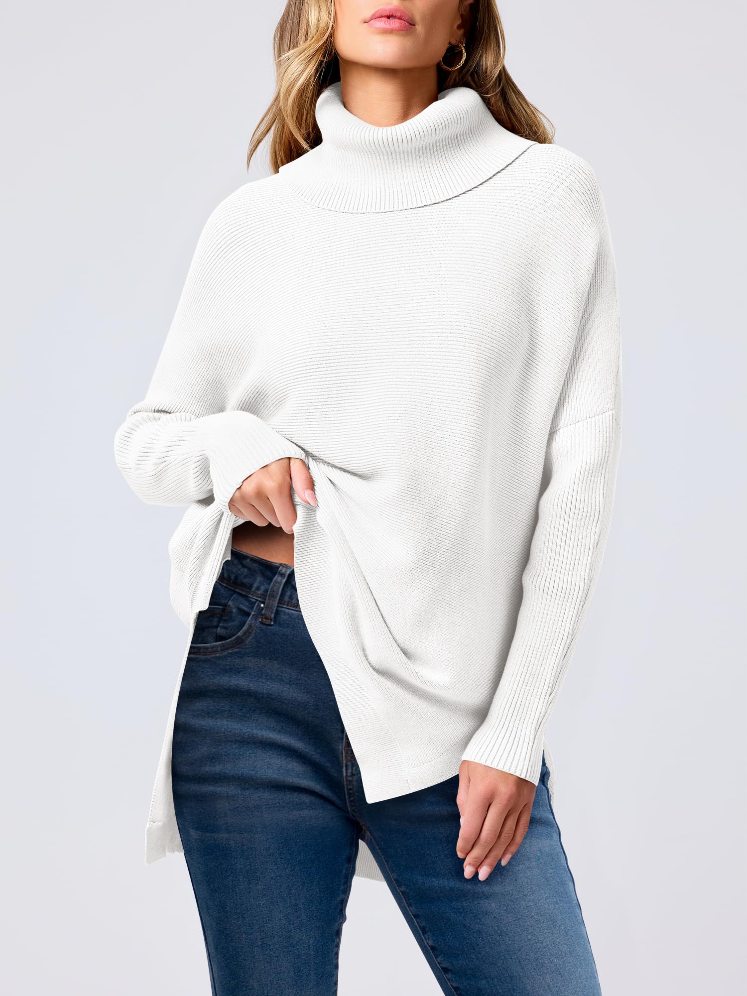 ANRABESS Women's Oversized Turtleneck Batwing Sleeve Spilt Casual Loose Knit Tunic Pullover Sweater Tops 2024 Fall Outfits White Medium