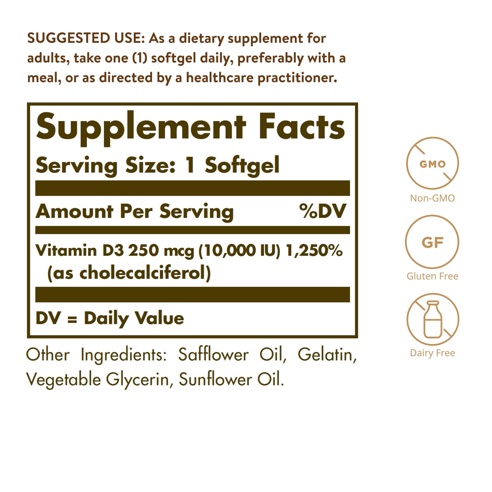 Solgar Vitamin D3 Cholecalciferol 250 MCG 10000 IU Softgels Helps Maintain Healthy Bones Teeth Immune System Support Non GMO Gluten, Dairy Free Servings, 180 Count