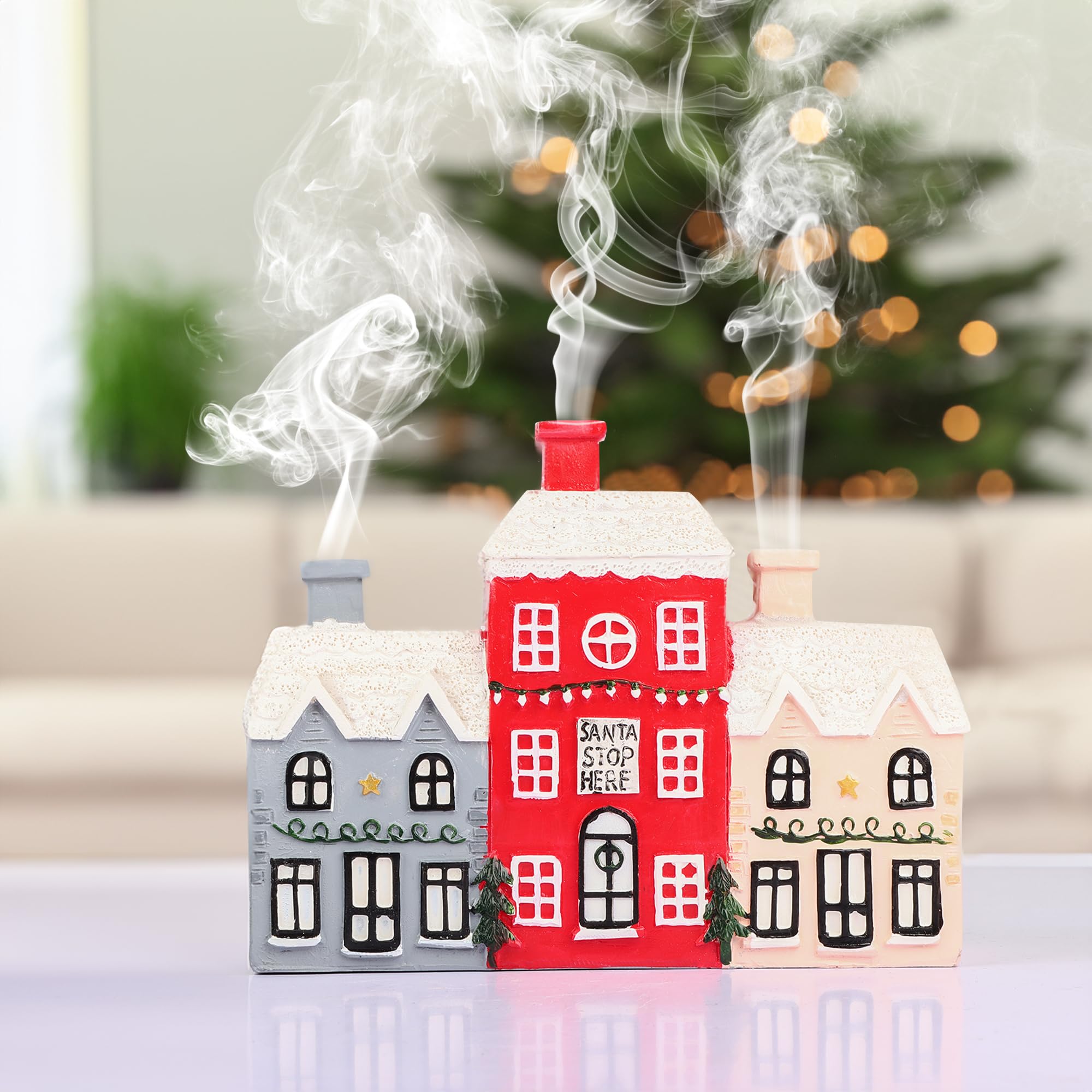 REAWOW Christmas Cabin Incense Burner Gingerbread House Incense Burner Village Incense Cone Holder Log Cabin Incense Burner for Holiday Decor Home Indoor Chimney