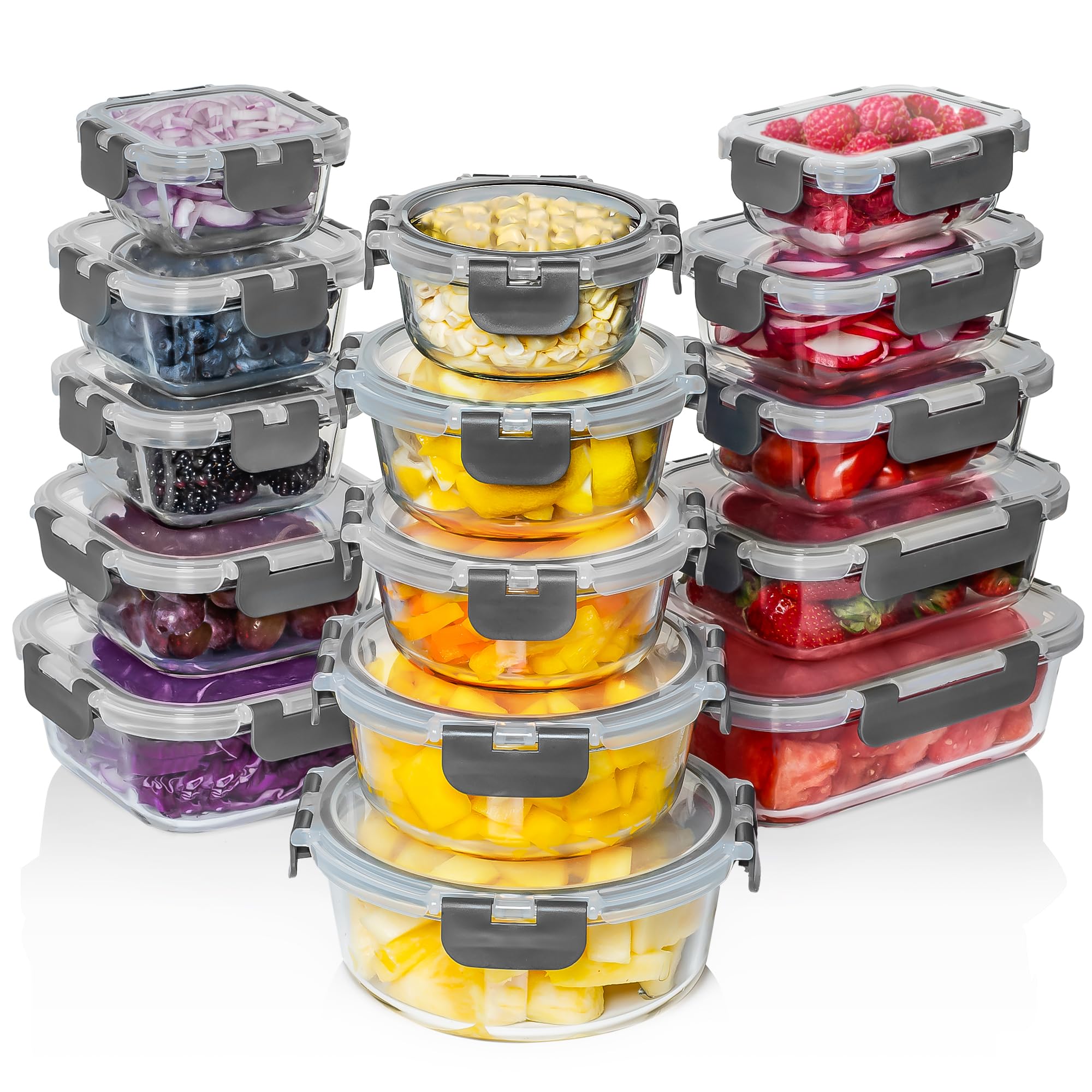 Razab 30 PC Glass Food Storage Containers with Lids - Reusable Glass Meal Prep Containers for Lunch & Leftovers - Airtight & Leakproof Snap Locking Lids - Oven, Freezer, Microwave & Dishwasher Safe