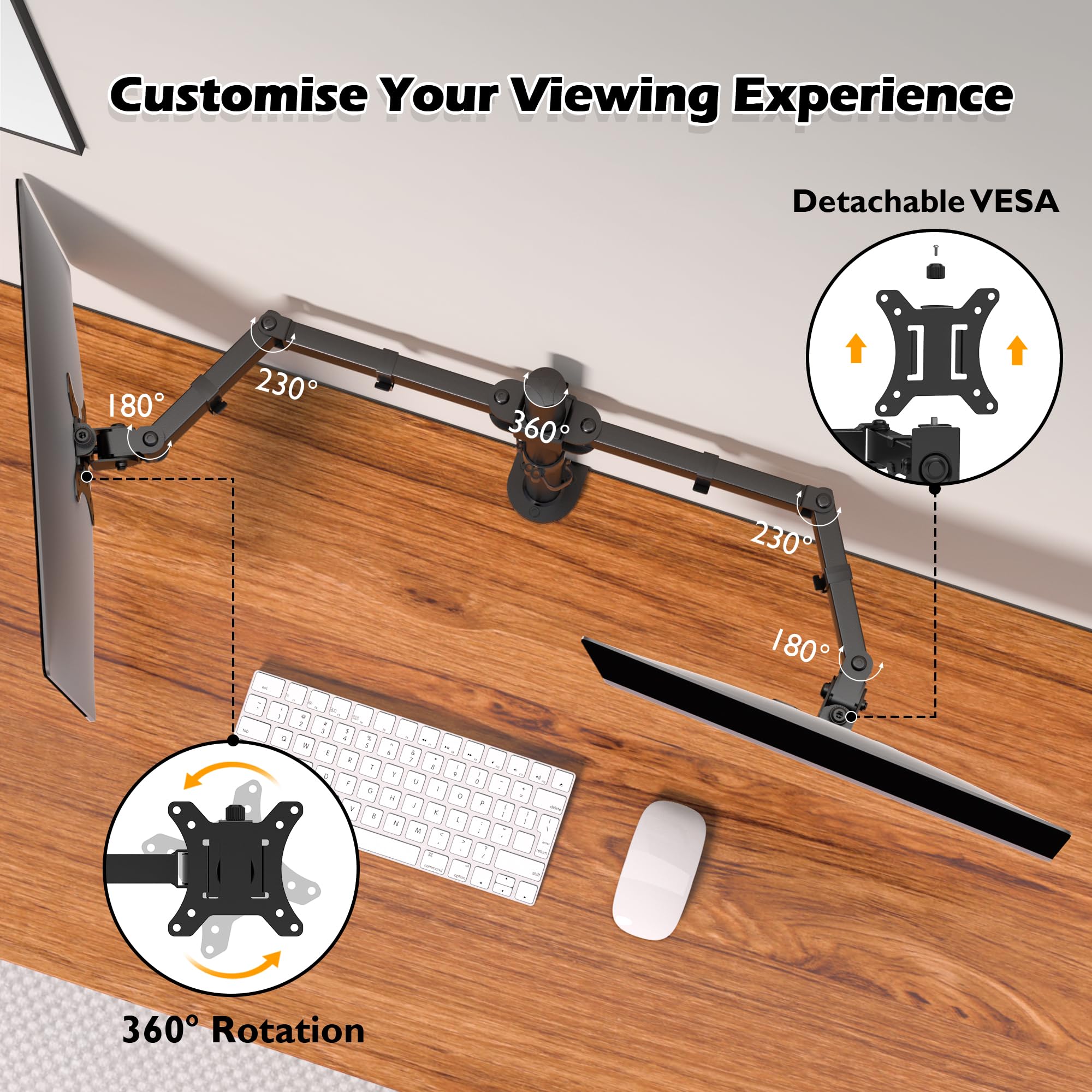 BONTEC Dual Monitor Mount for 13-32 Inch LCD LED PC Screens, Double Monitor Stand for Desks, Height Adjustable Dual Monitor Arm with Tilt ±45°/ Swivel 180°/ Rotate 360°/ VESA 75/100mm