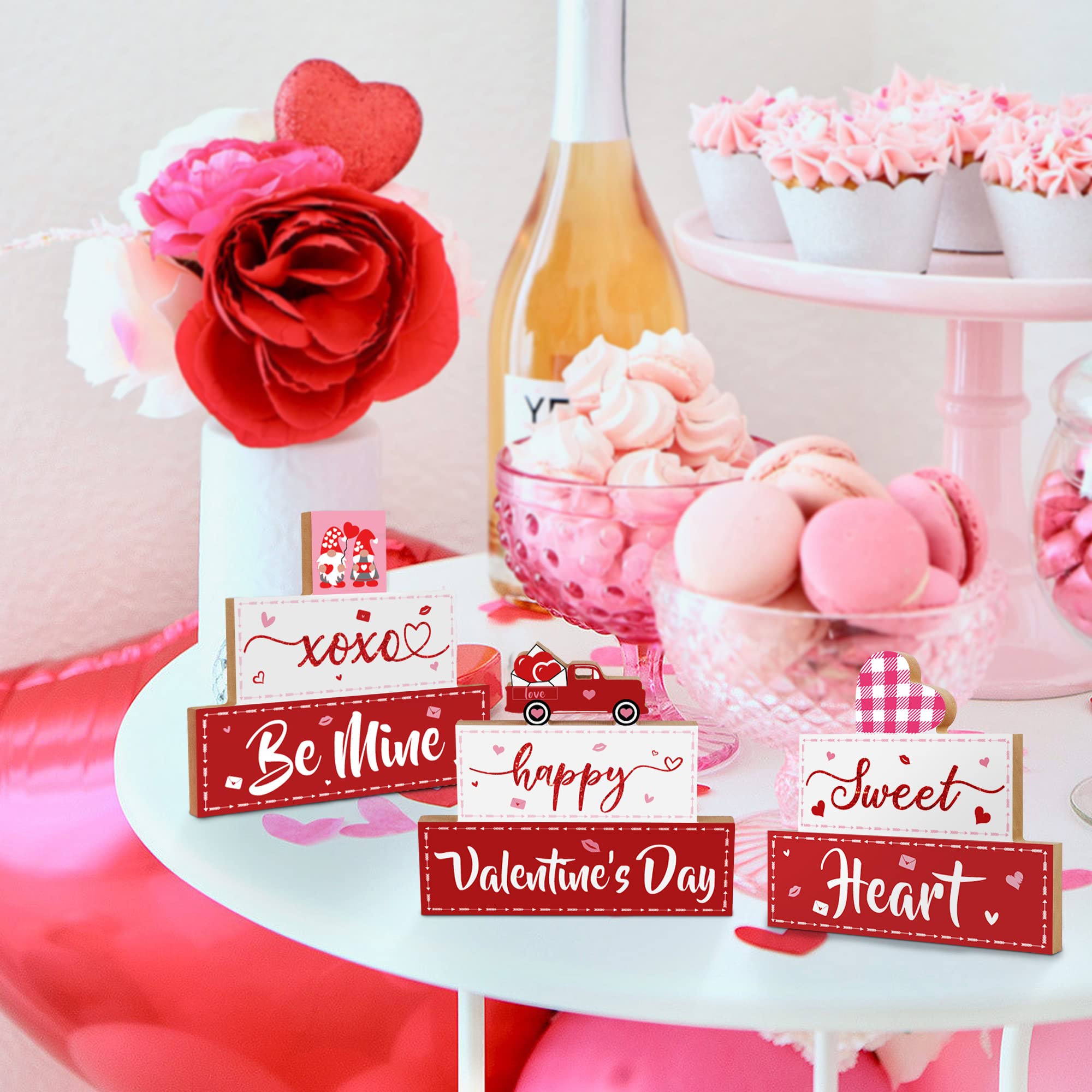 3 PCS Valentine's Day Wooden Sign Table Decor, Happy Valentine's Tabletop Centerpiece XOXO Be Mine Valentine Decorations for Tables, Valentine's Day Presents Wood Love Heart Desk Mantle Shelf Decoration