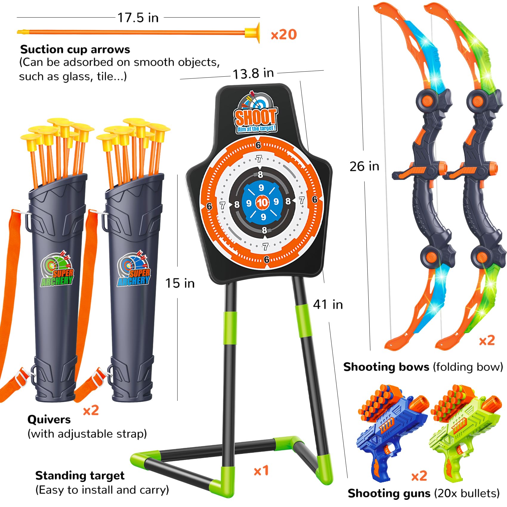 Bow and Arrow for 5 6 7 8 9 10 11+ Year Old Boys, Birthday Gift for Kids, Indoor Outdoor Activity Toys, 2 Pack LED Light Up Archery Toy with 20 Suction Cup Arrows, Standing Target, 2 Quiver