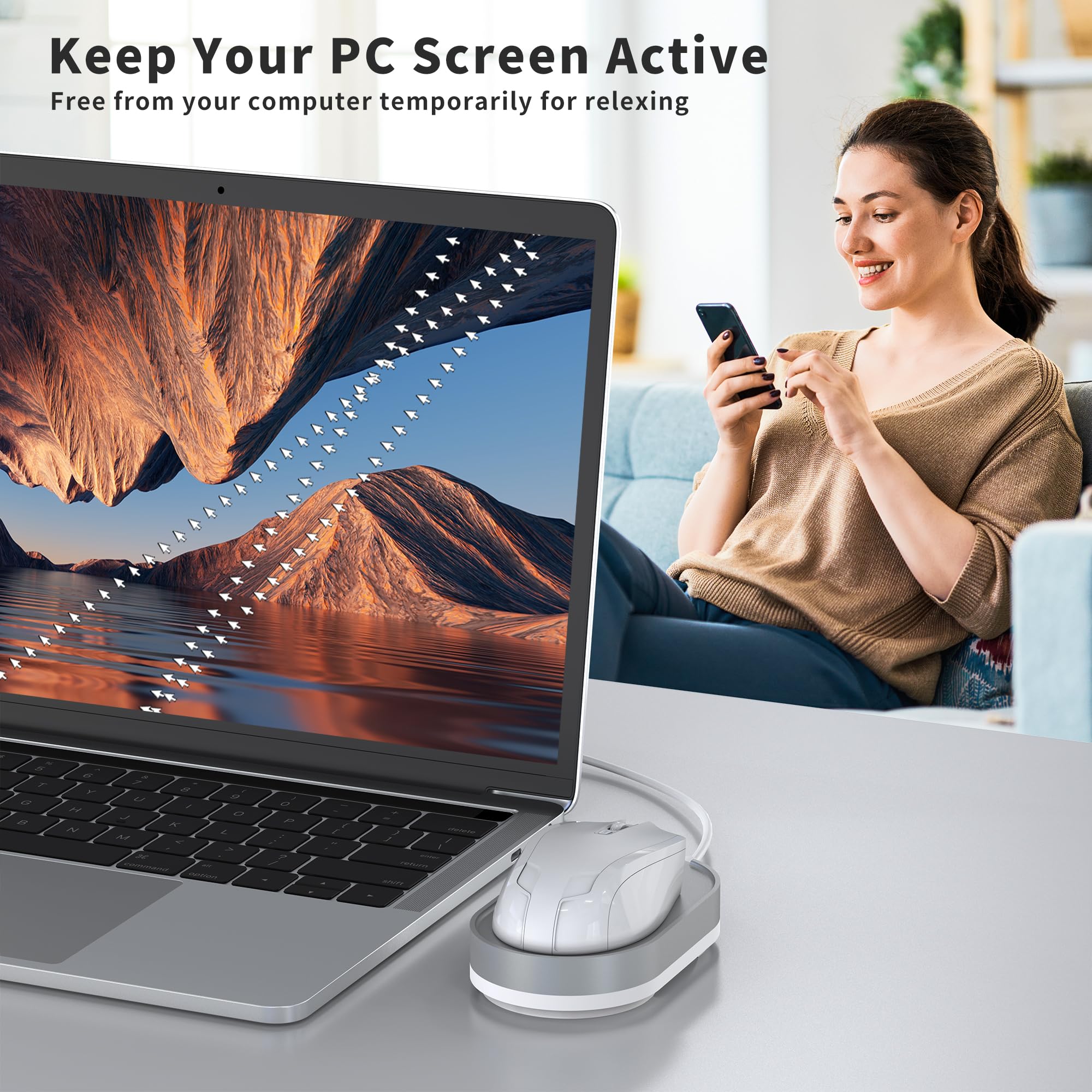 Jerryrun Mouse Jiggler, Undetectable Mouse Mover Device Wiggler Shaker with Drive Free USB Cable and USB Adapter, Physical Automatically Mouse Movement, Keep PC Screen Active, Silver